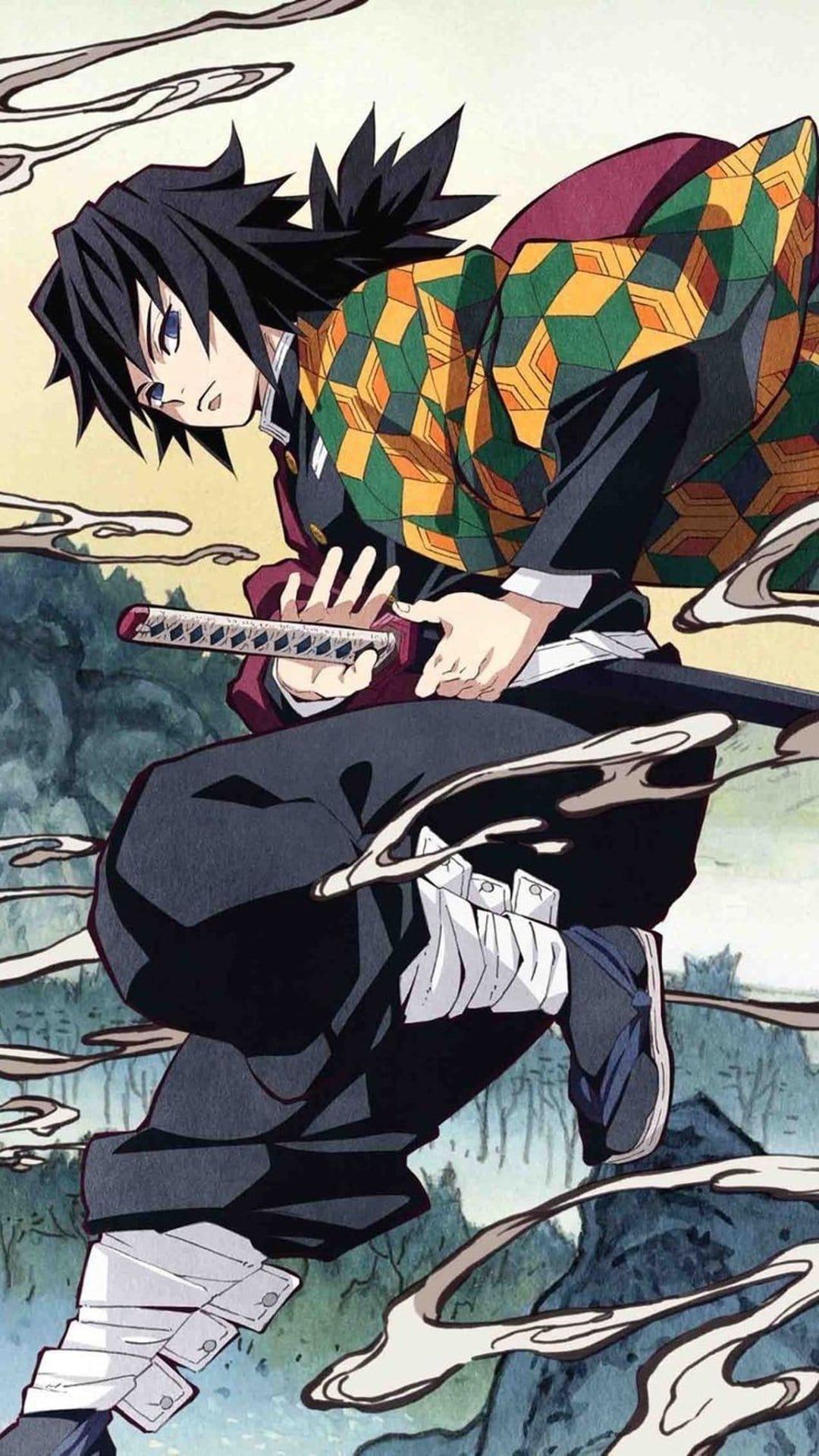 Giyu Tomioka stands in his split-pattern haori holding a blue sword surrounded by swirling white mist and smoke.
