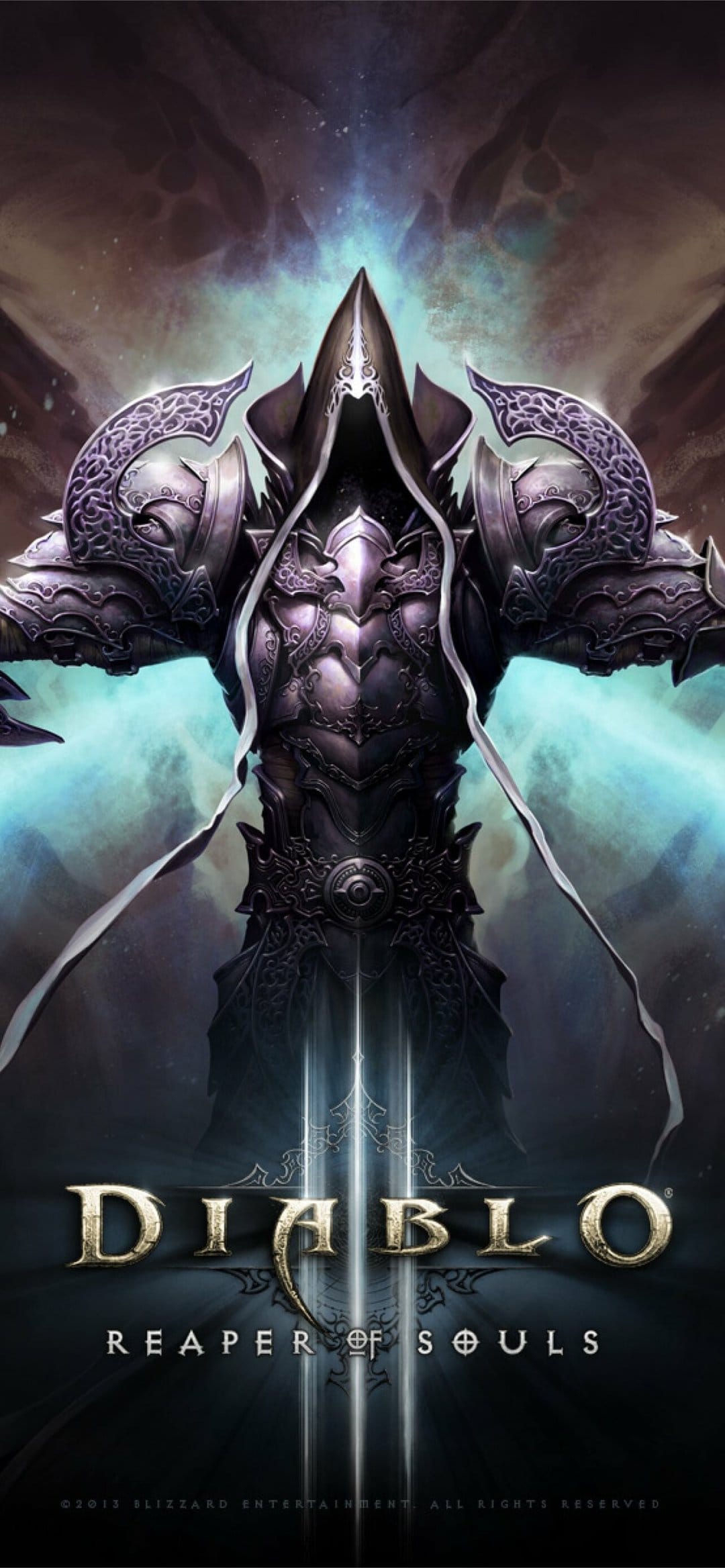 Malthael in dark purple armor stands before a teal glow with flowing ribbons and the Diablo III logo.