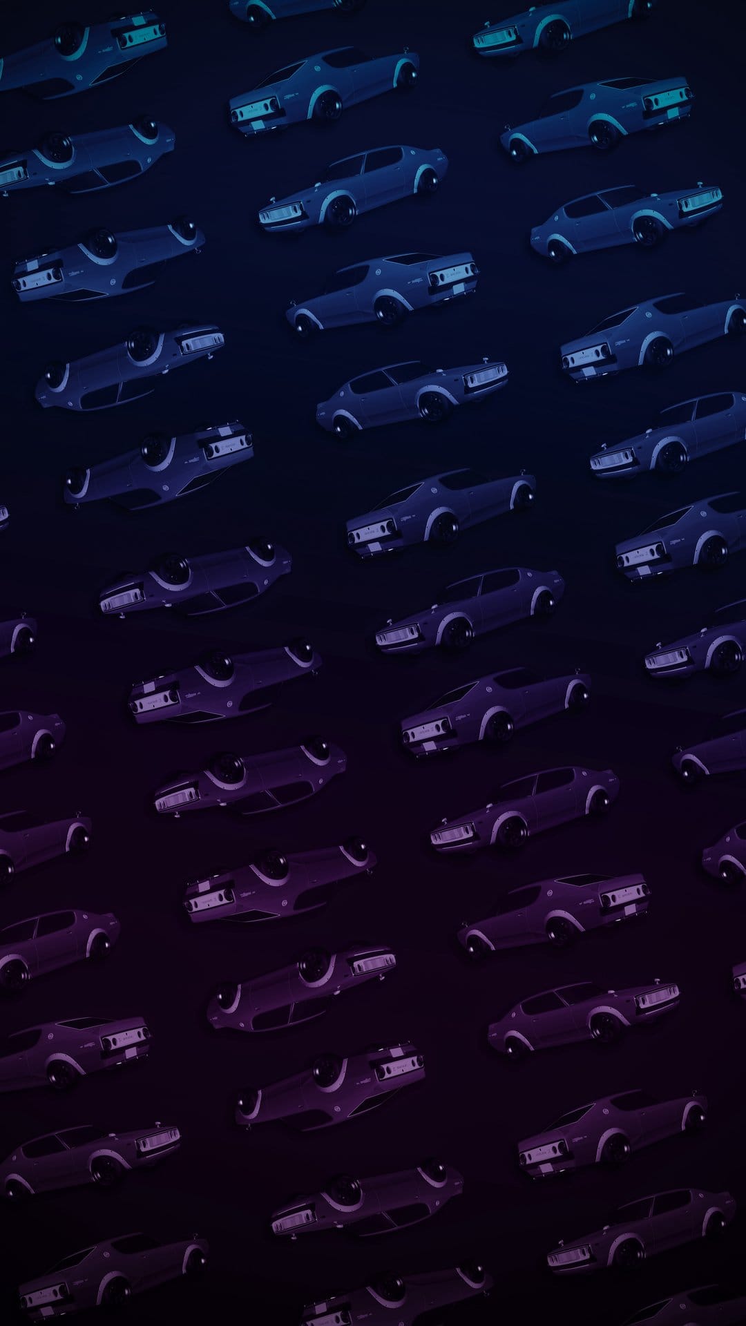 Retro coupe cars in blue and purple hues form a repeating pattern against a dark gradient background.