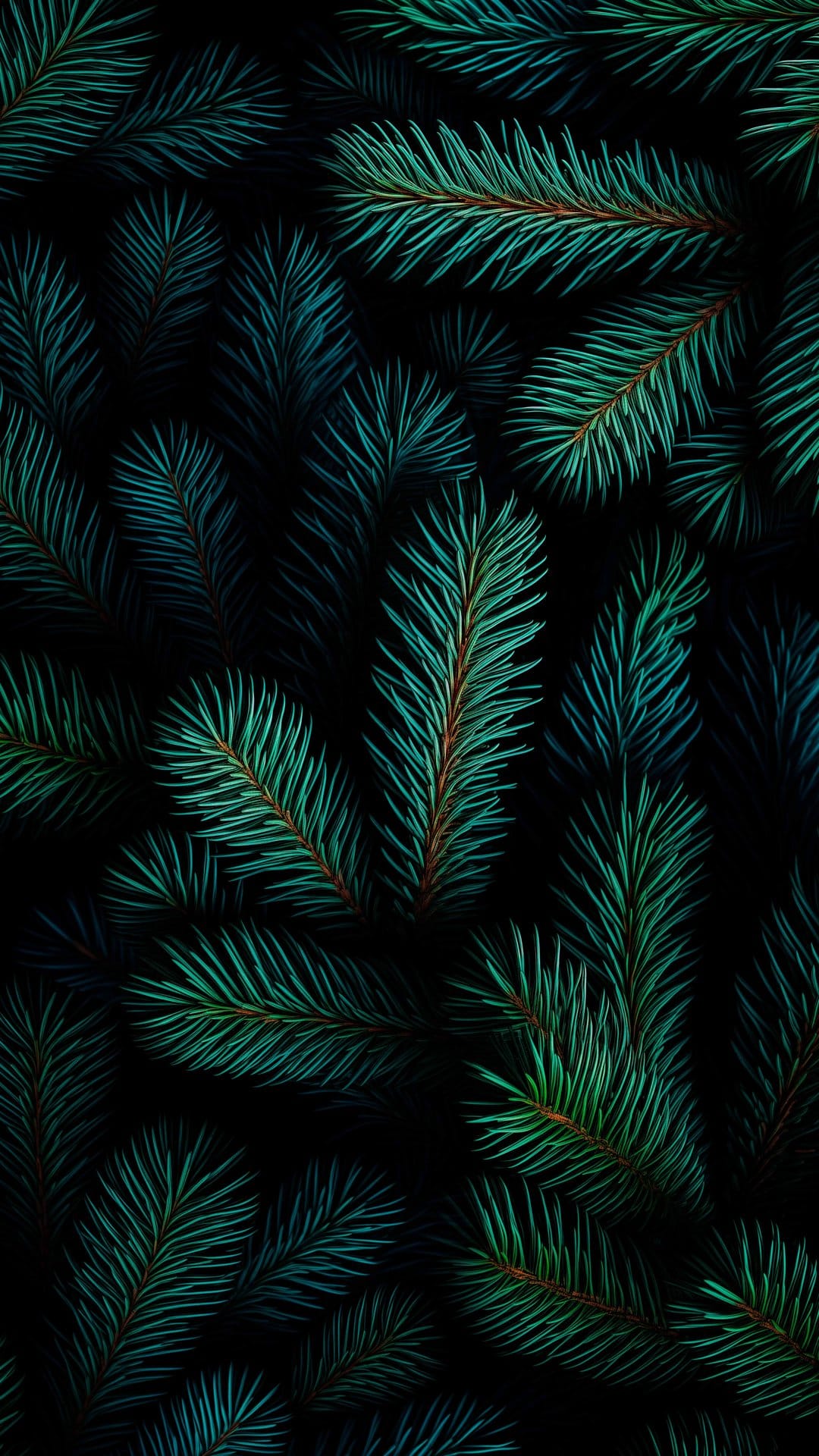 Emerald green fir tree needles layered in a dense macro texture with deep shadows and moody forest lighting.
