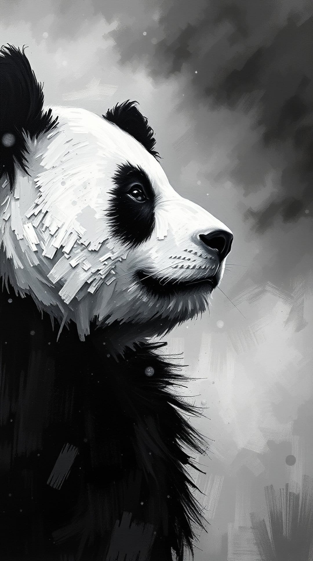 Giant panda head in profile shows thick black eye patches and white fur textures against a moody gray background.