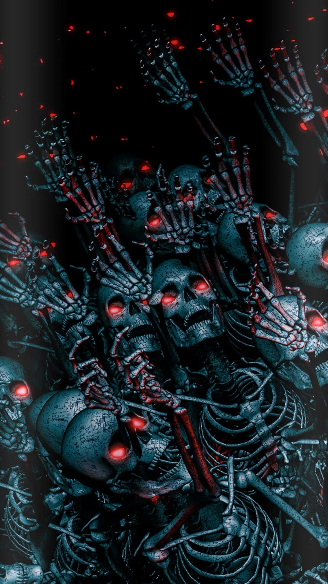 Skeletal figures with glowing red eyes and reaching hands emerge from a dark teal void in a vertical view.
