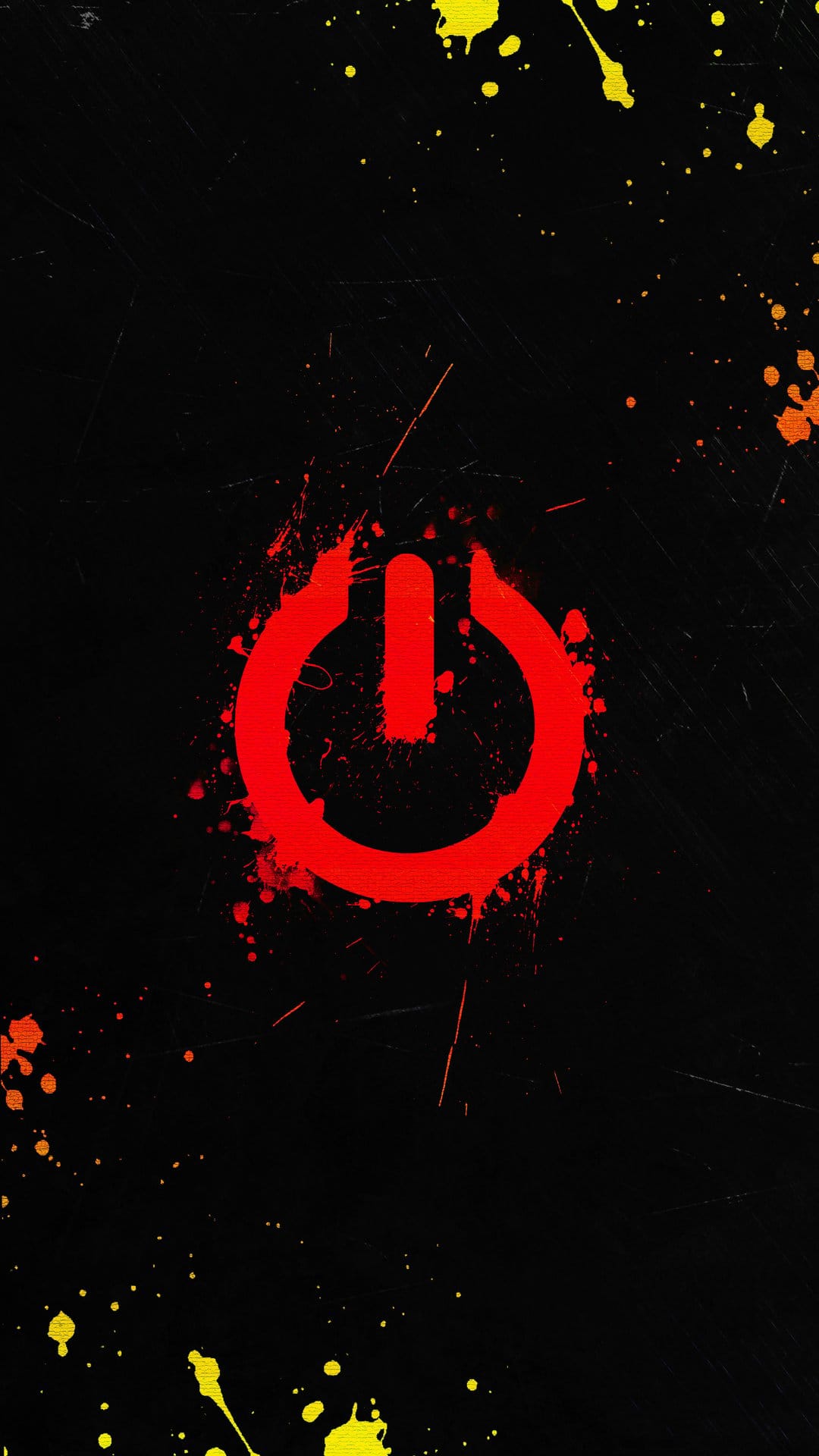 Red power button icon surrounded by vibrant orange and yellow paint splashes against a deep black background.