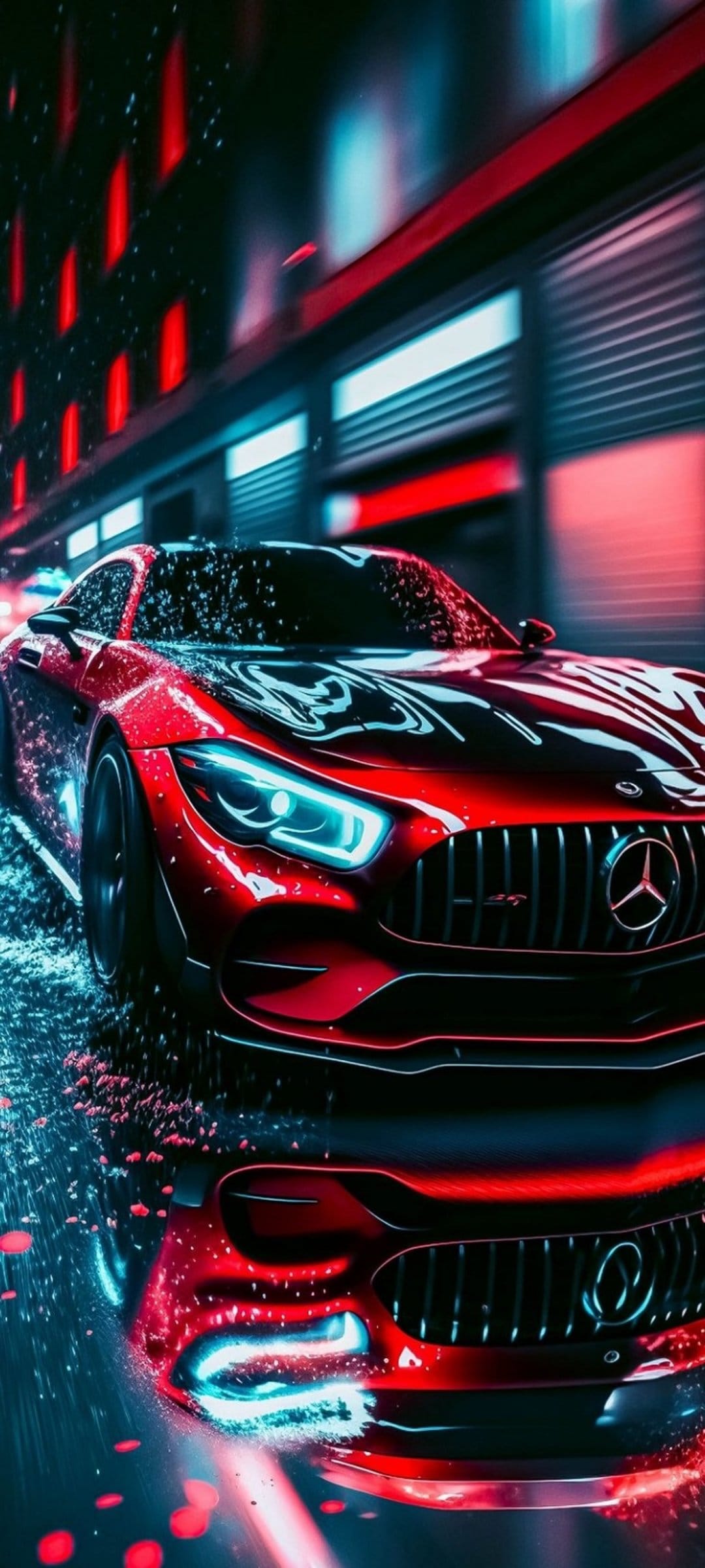 Red Mercedes sports car on a wet city street reflecting neon blue and red lights with motion trails at night.
