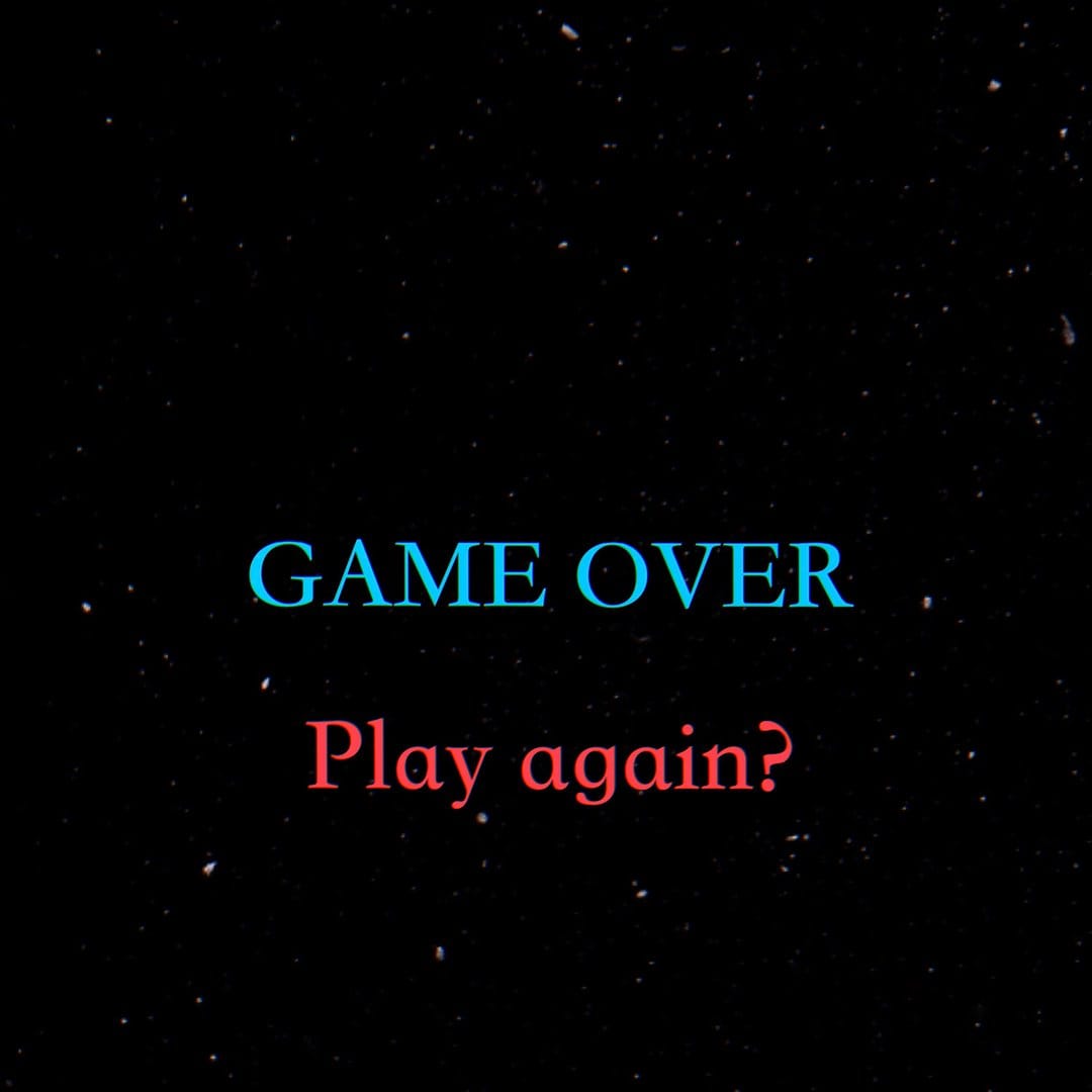 Cyan Game Over text and red Play Again prompt glow against a black background filled with tiny white stars.