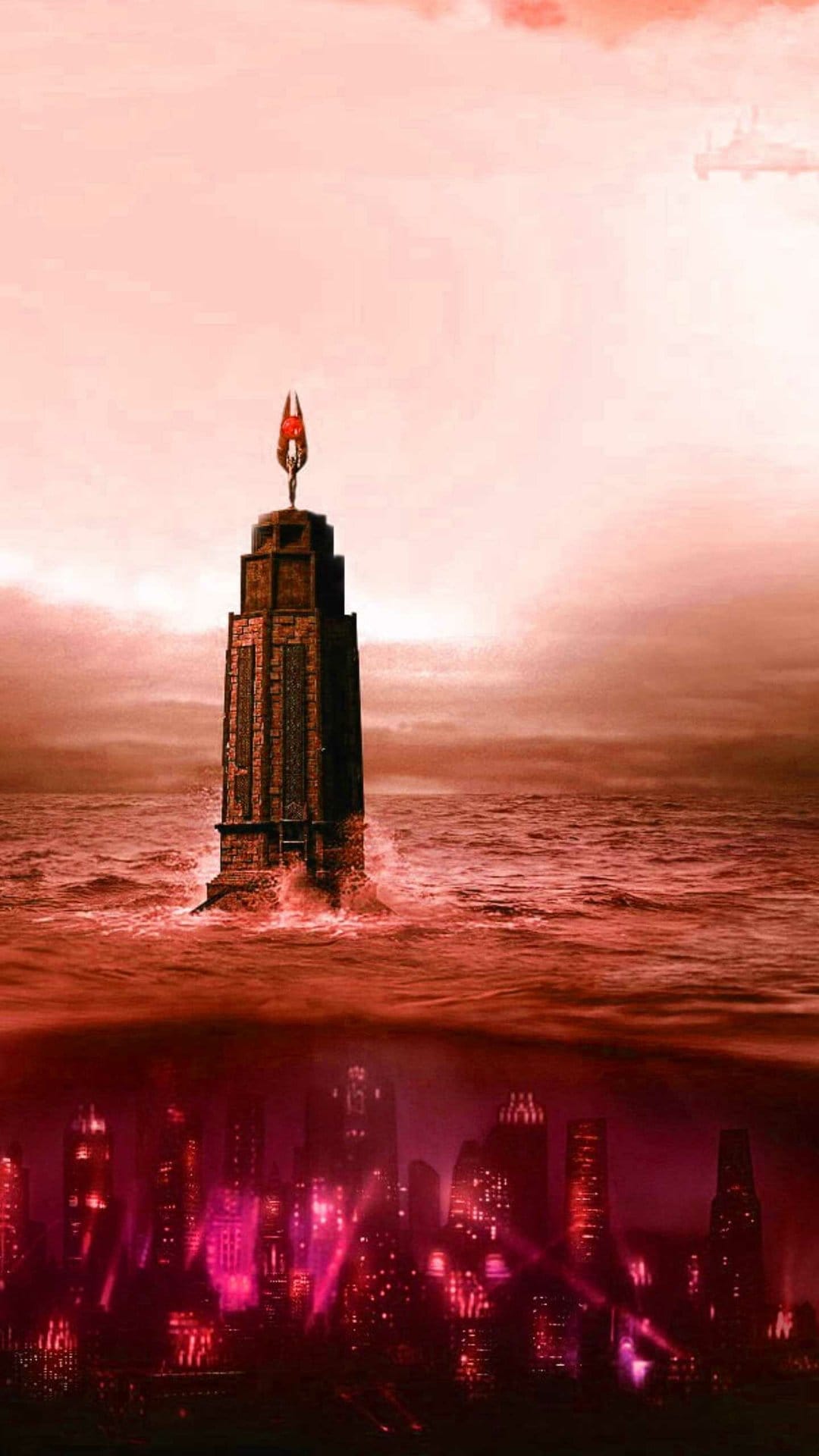 Art Deco lighthouse with a glowing red orb above a submerged neon city in a dark crimson ocean.