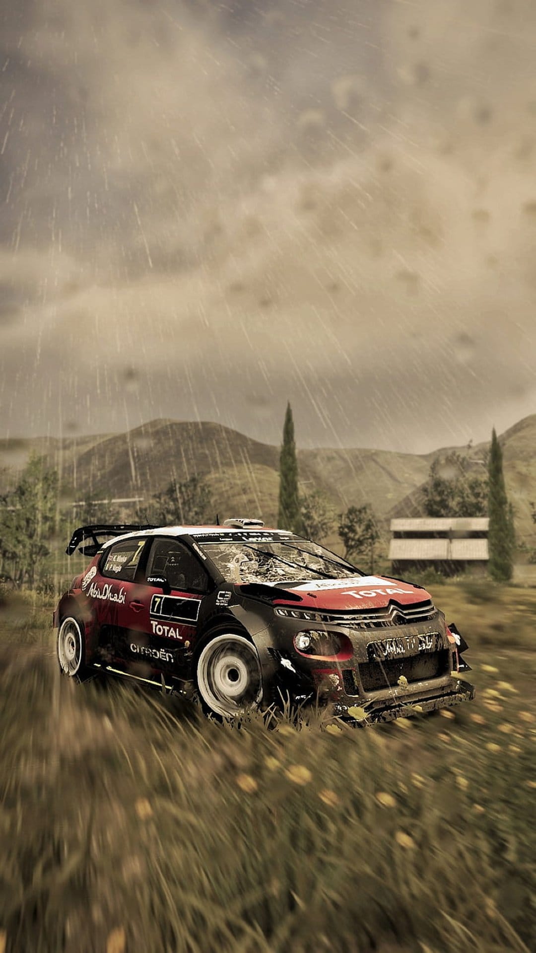Rally racing car kicking up water and grass while driving through heavy rainfall on a rural hillside terrain.
