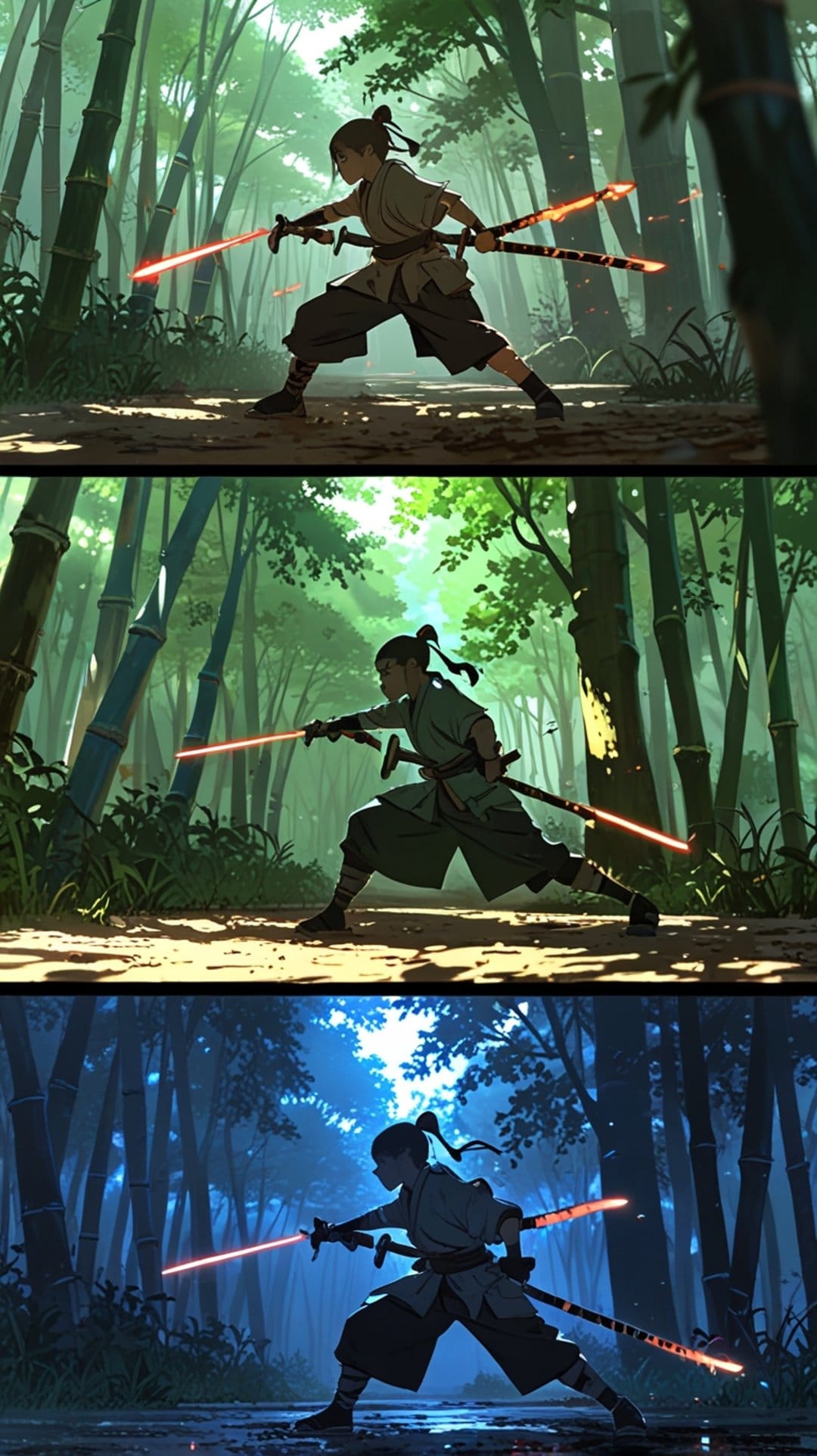 Samurai warrior holds two glowing blue swords while standing in a dense bamboo forest during sunset and dawn.