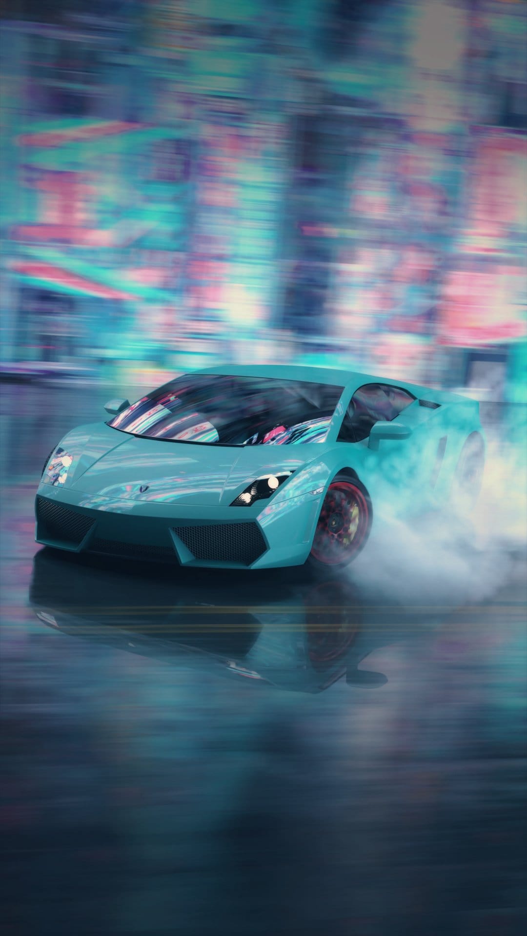 Turquoise sports car drifting with tire smoke amidst pink and blue neon city lights at night on a wet street.