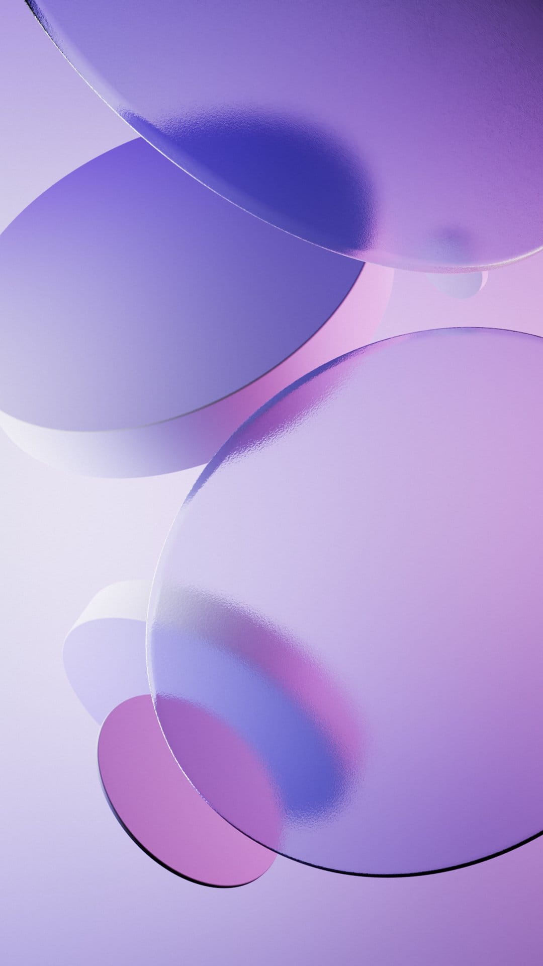 Translucent purple spheres with reflective surfaces overlap against a dark gradient in this vertical wallpaper.