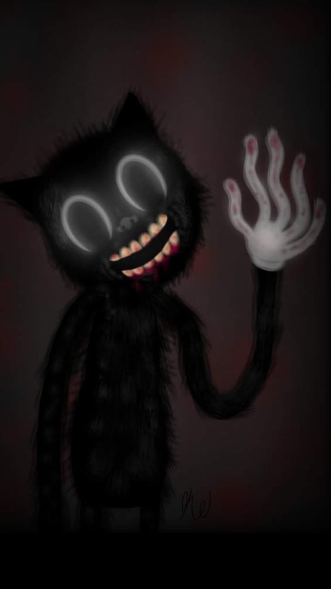 Black cartoon cat with glowing white eyes and a bloody, toothy smile waves a pale hand against a dark background.