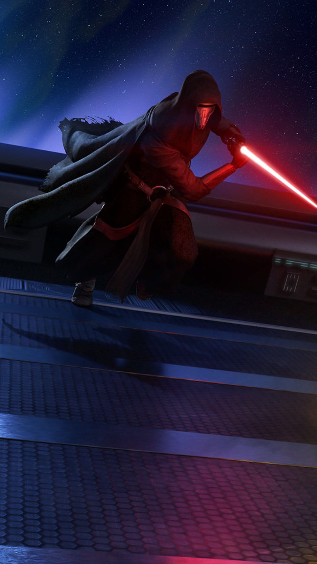 Masked Sith Lord Revan lunges forward with a glowing red lightsaber in a dark, starry space environment.