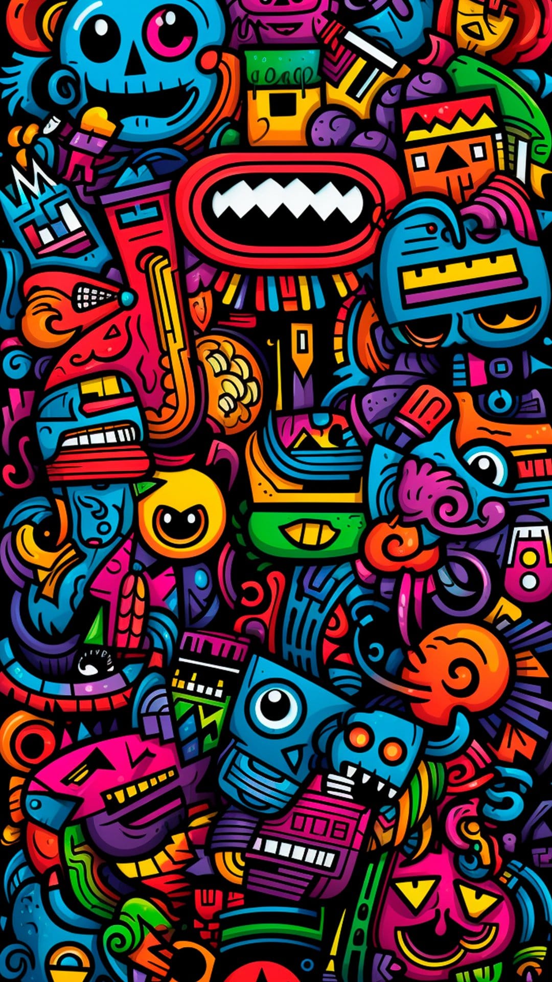 Multicolored monsters and abstract shapes cluster together in a dense, hand-drawn pattern with bold outlines.