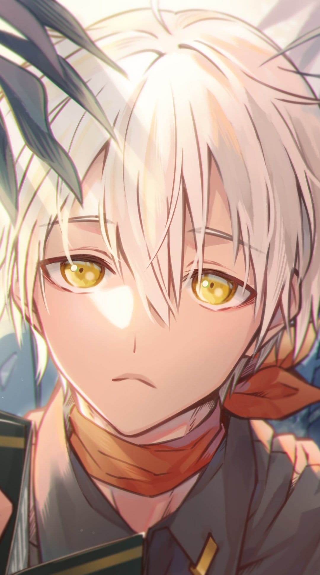 Anime boy with white hair and yellow eyes wearing an orange scarf with dappled sunlight on his serene face.