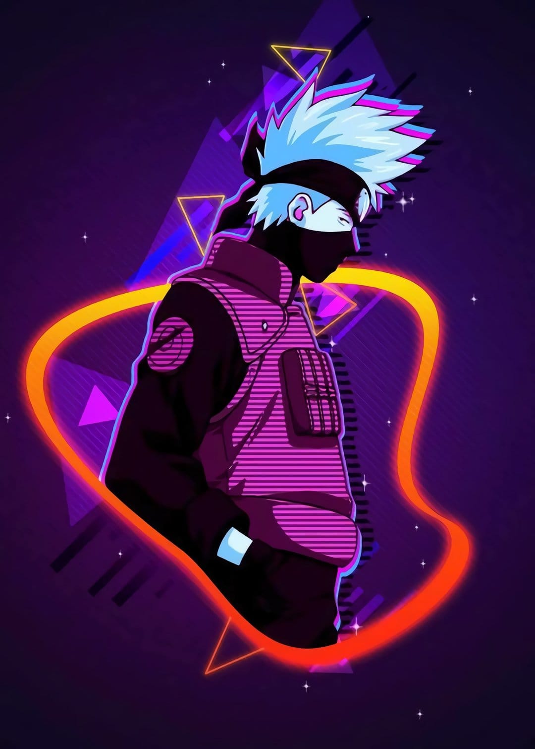 Kakashi Hatake features a glowing orange outline and black headband against a purple starry geometric background.