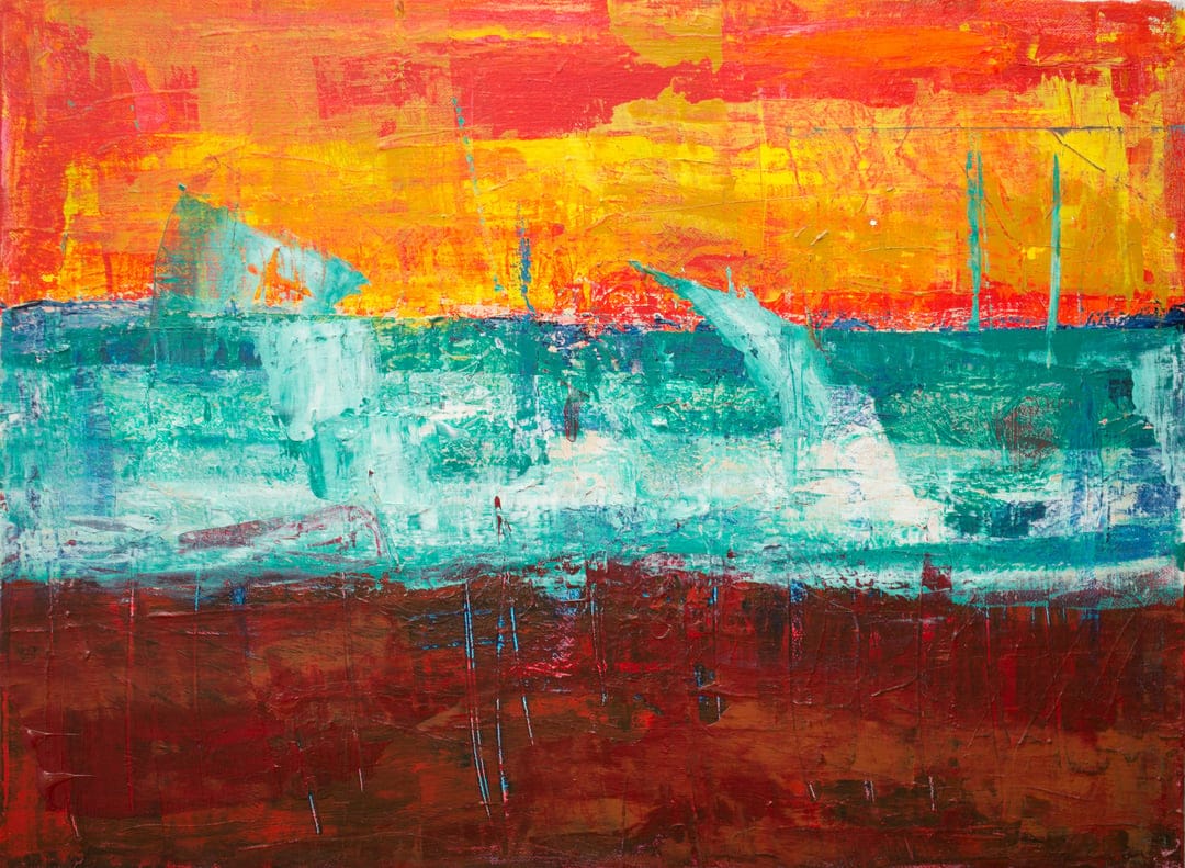 Abstract red sky over blue ocean waves with textured orange and teal brushstrokes on a vertical canvas.