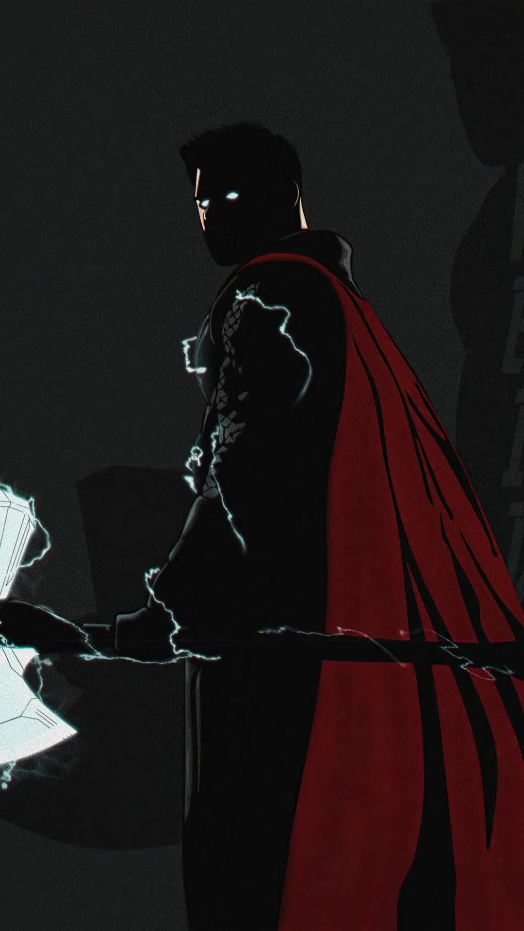 Thor stands silhouetted with glowing white eyes and a flowing red cape as lightning strikes Mjolnir in the dark.