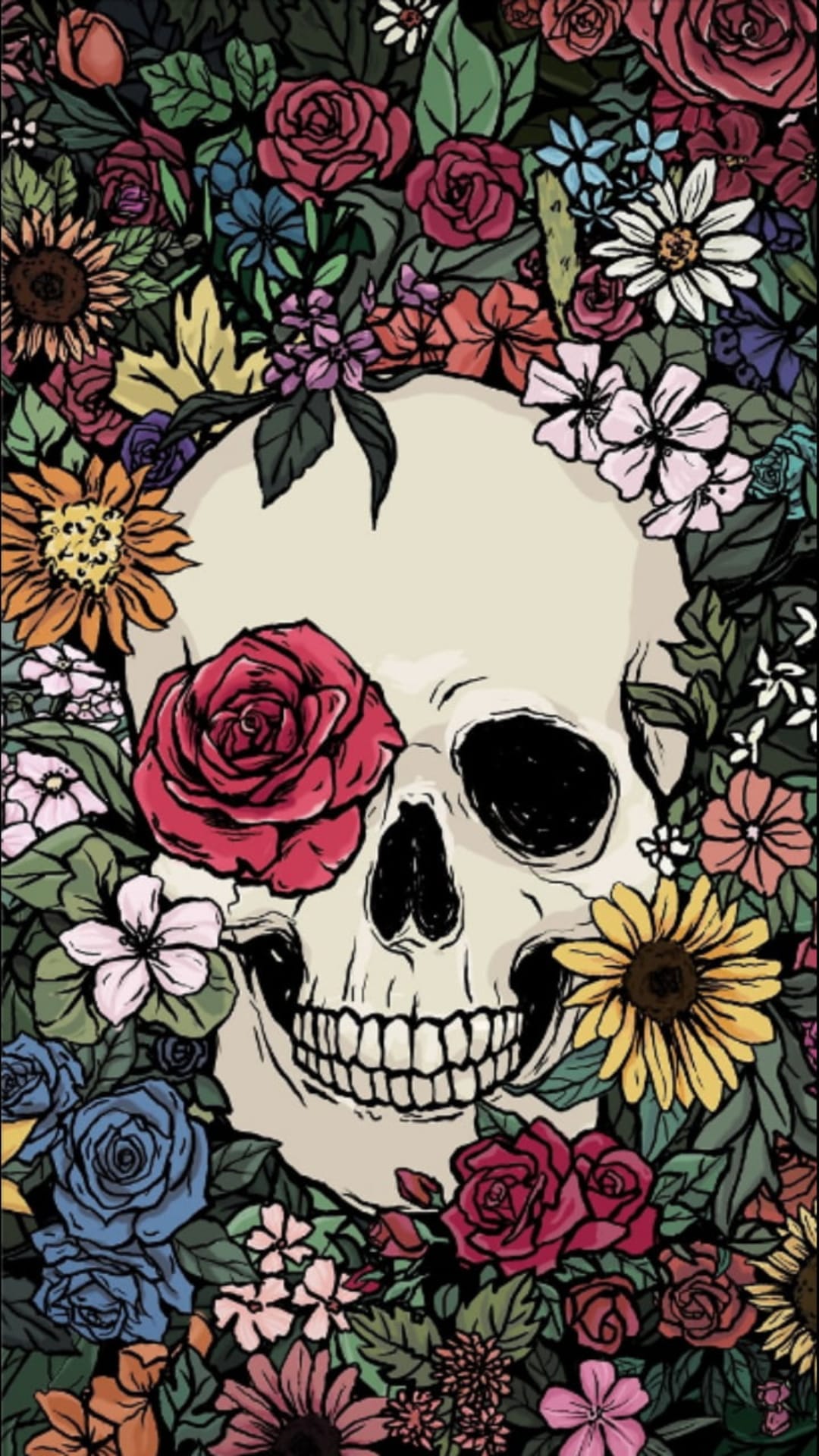 Human skull with red roses and sunflowers, featuring a single rose in the eye socket and dark green foliage.