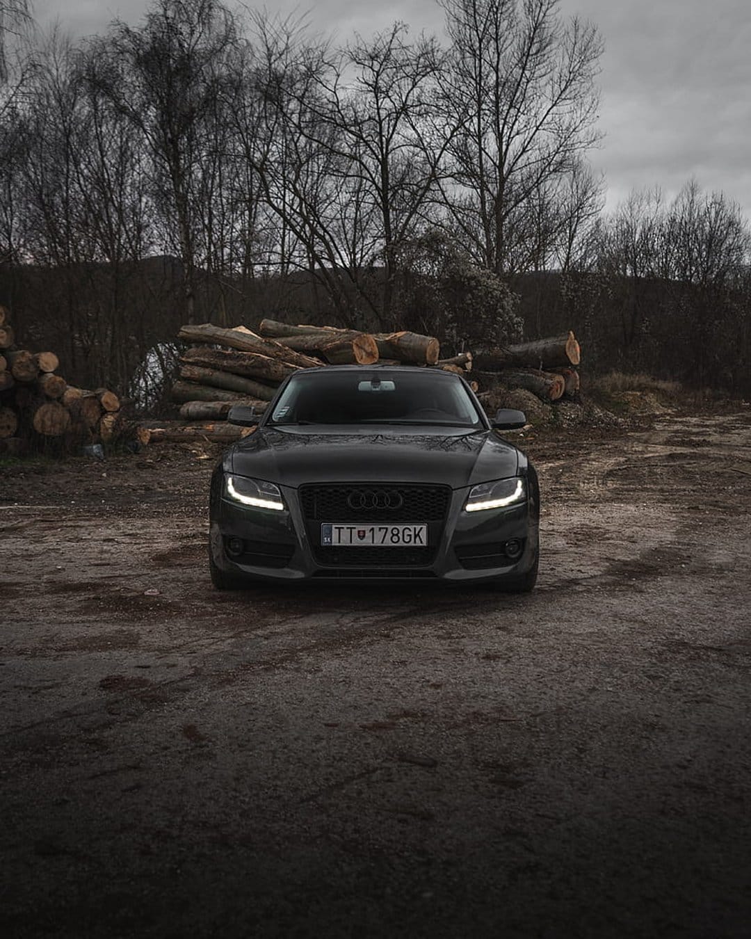 Audi A5 Coupe with glowing headlights parked beside stacked logs in a misty, overcast forest setting during winter.