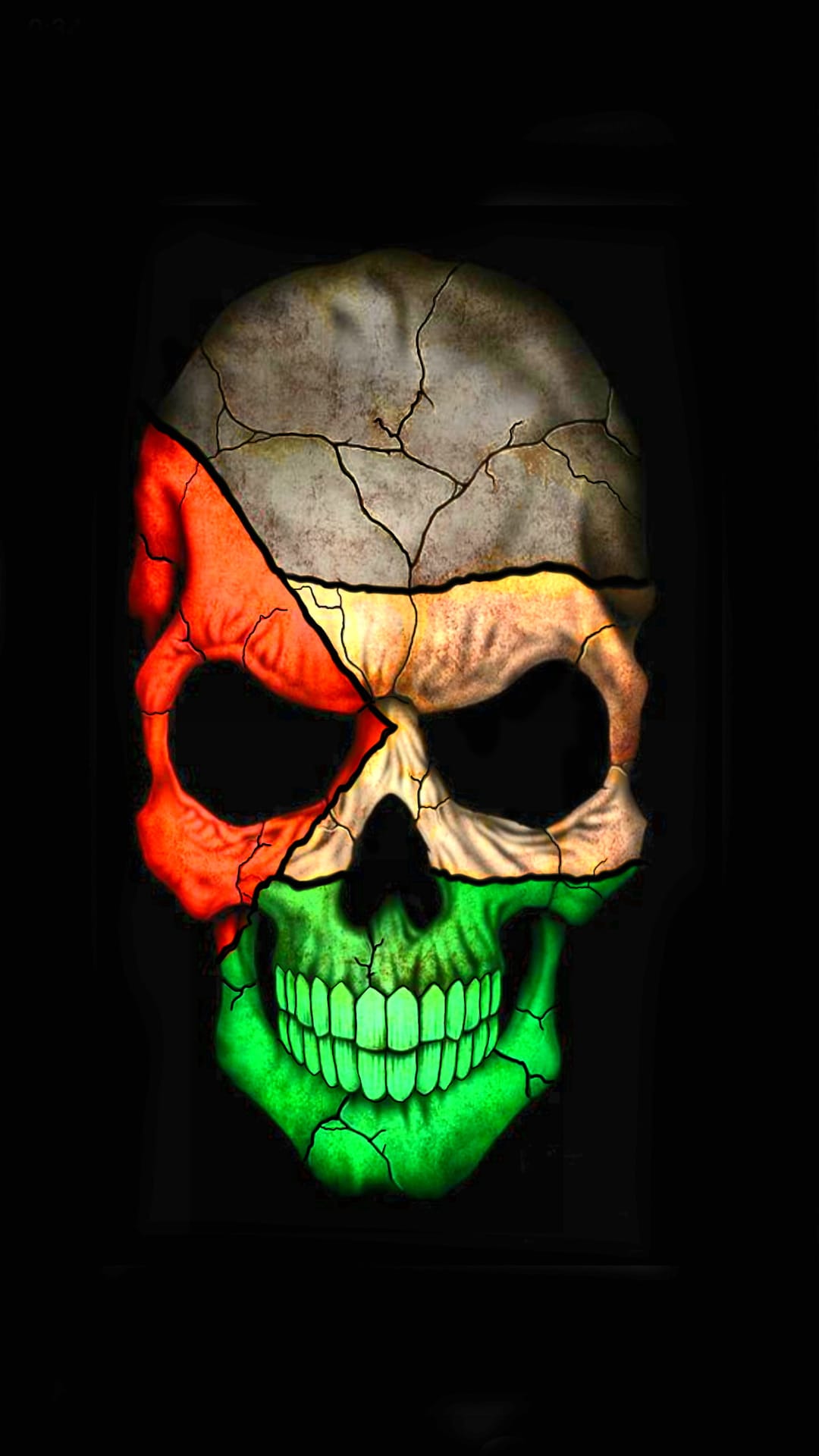 Cracked skull painted in red, white, and green with glowing teeth against a solid black background.