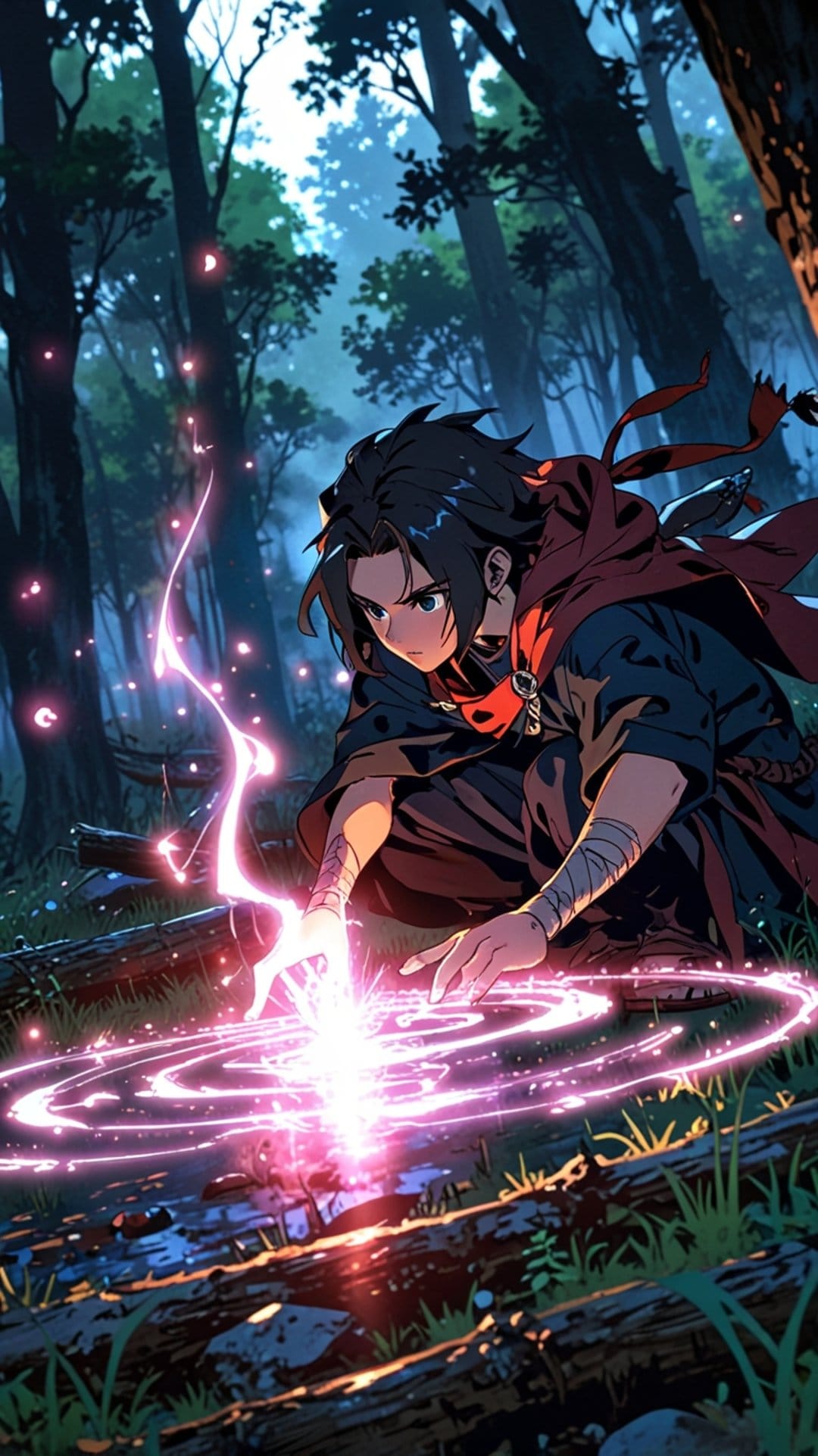 Red-cloaked sorcerer kneels in a sunlit forest while conjuring glowing pink rings of magic between their hands.