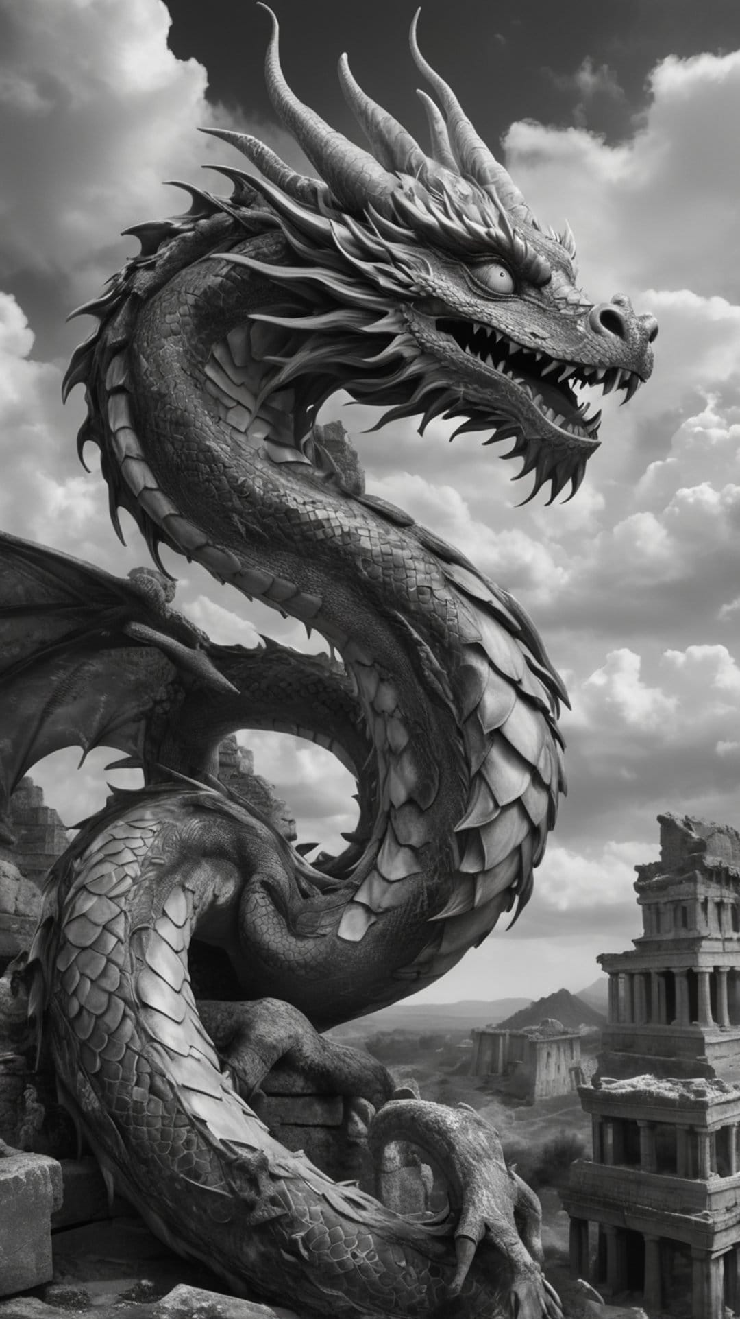 Dragon statue with sharp teeth and scales coiled on ancient stone pillars under a cloudy mountain sky.