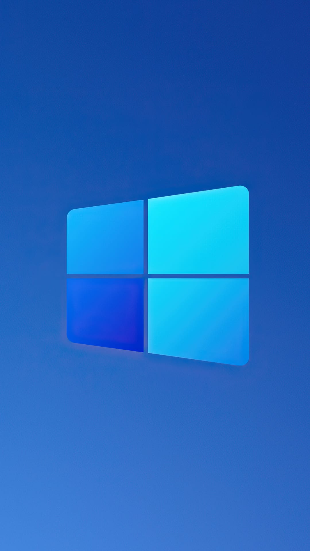 Windows 11 logo with four blue squares centered on a soft sapphire and cyan vertical gradient background.