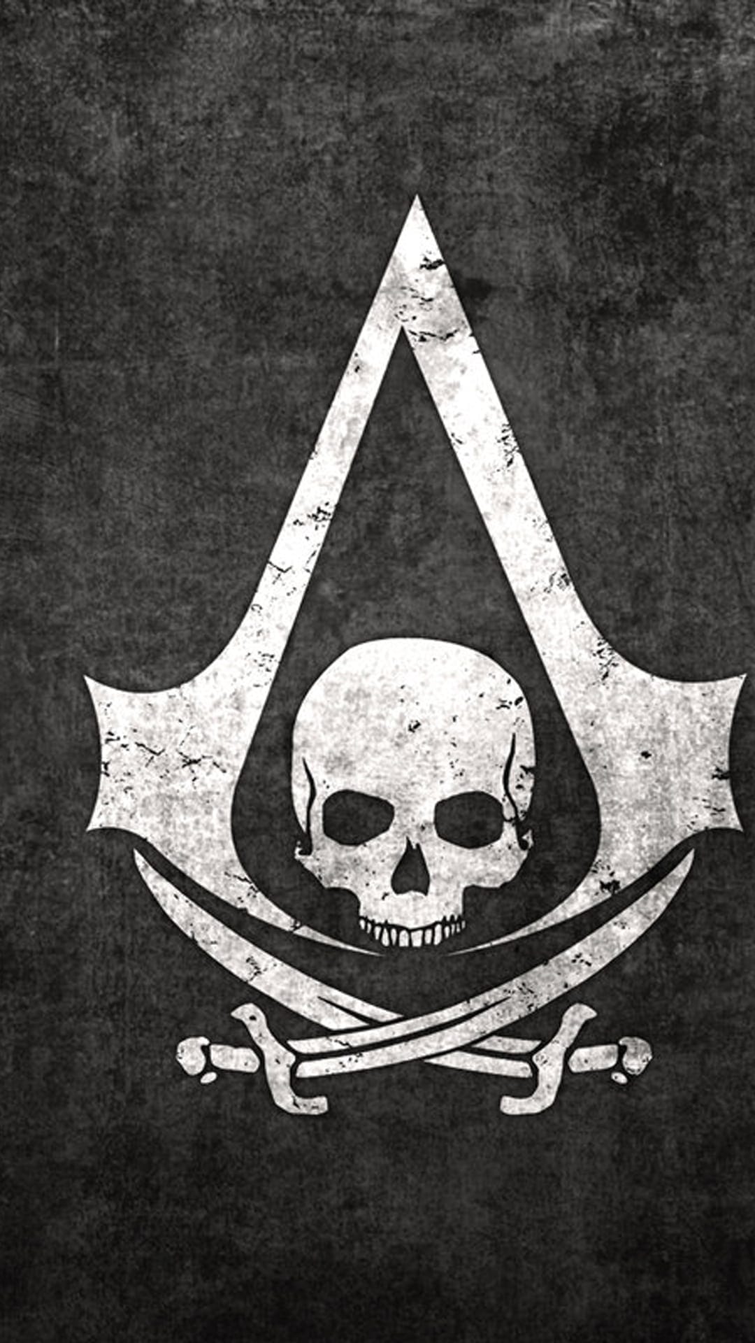 Skull emblem centered within a hooded logo over two crossed swords against a dark, stone-like surface.