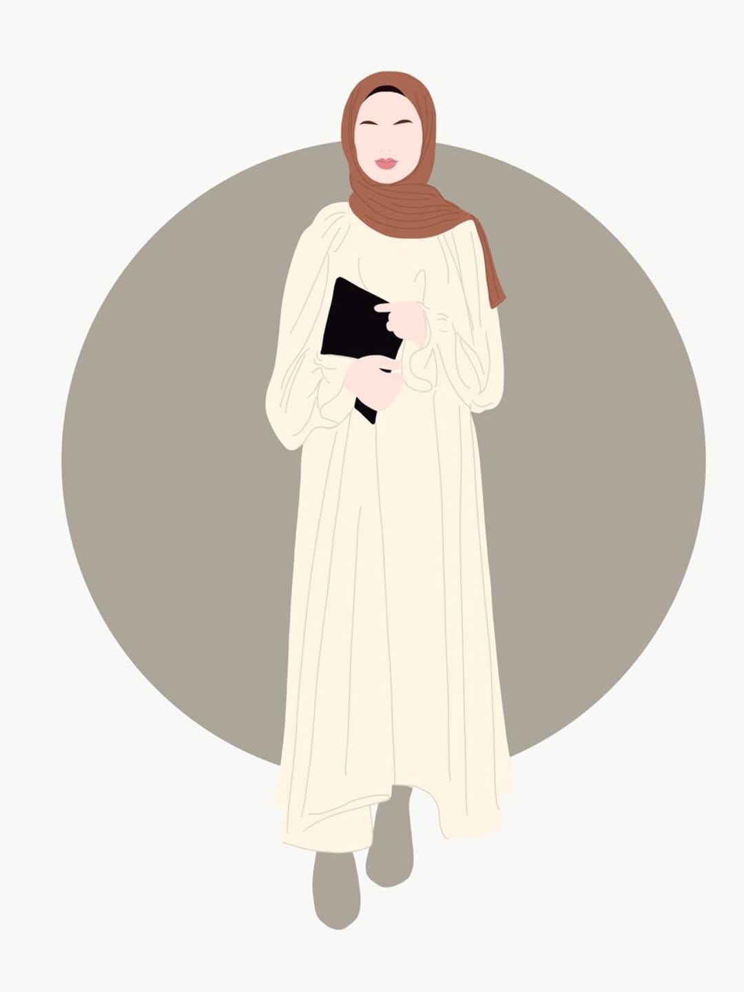 Woman wearing a brown hijab and cream dress holds a tablet against a large muted gray circular background.