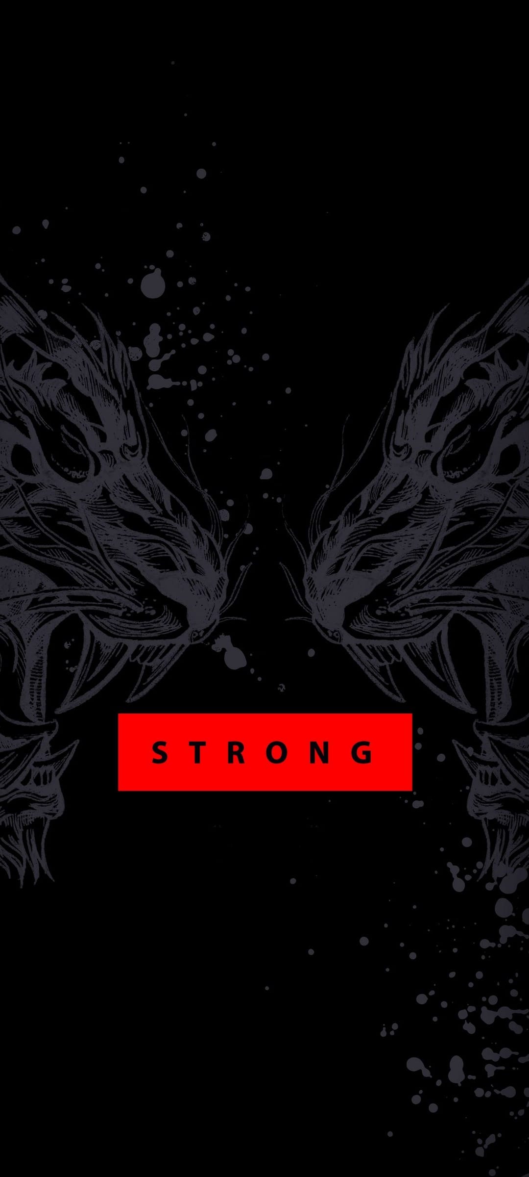 Two black dragons face each other with a red rectangle containing the word STRONG on a splattered background.