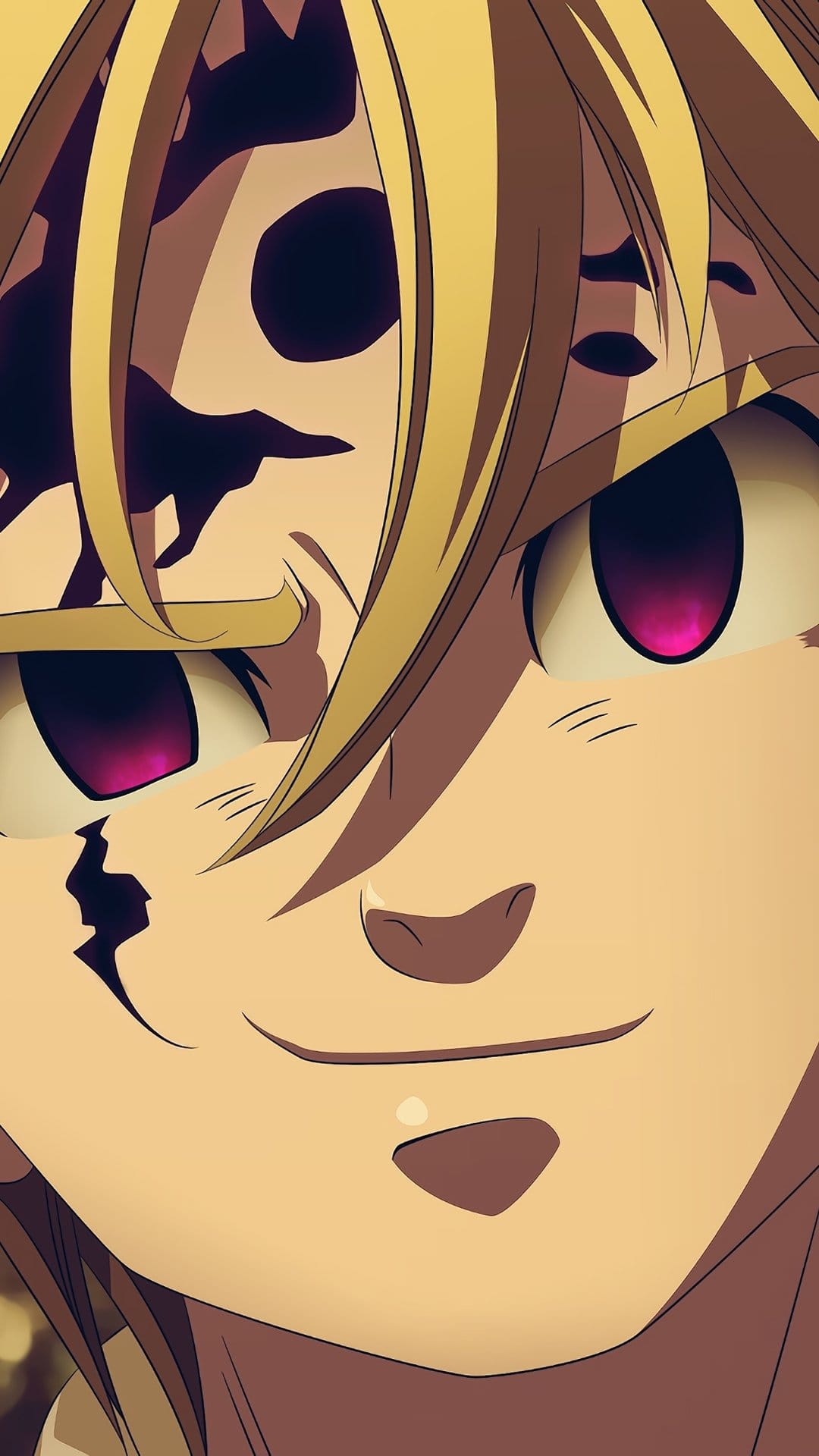 Meliodas features blonde hair, a smirk, and magenta eyes with black demonic markings across his face and forehead.