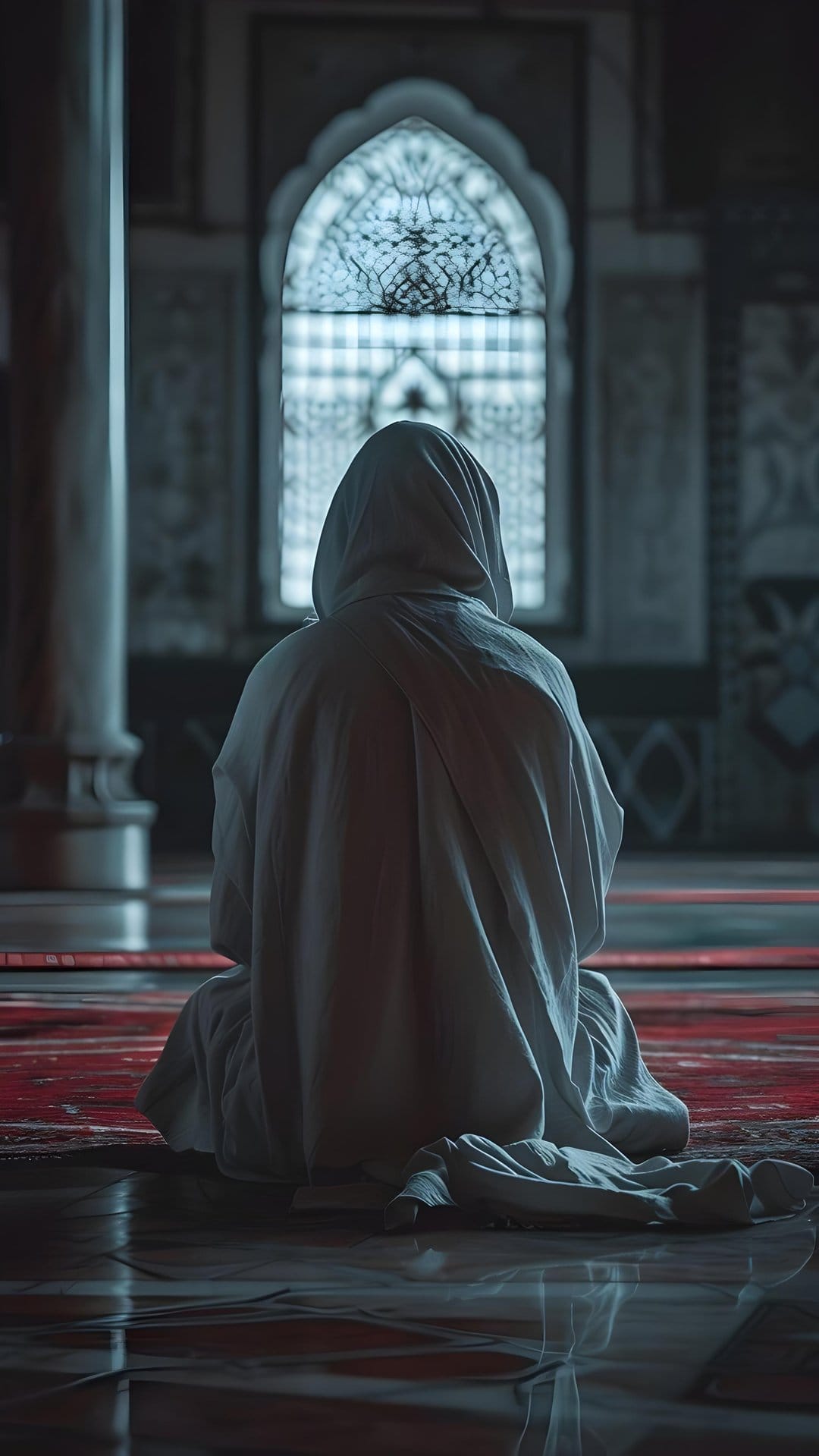 Person in white garments praying on a red carpet inside a mosque with light from an ornate arched window.