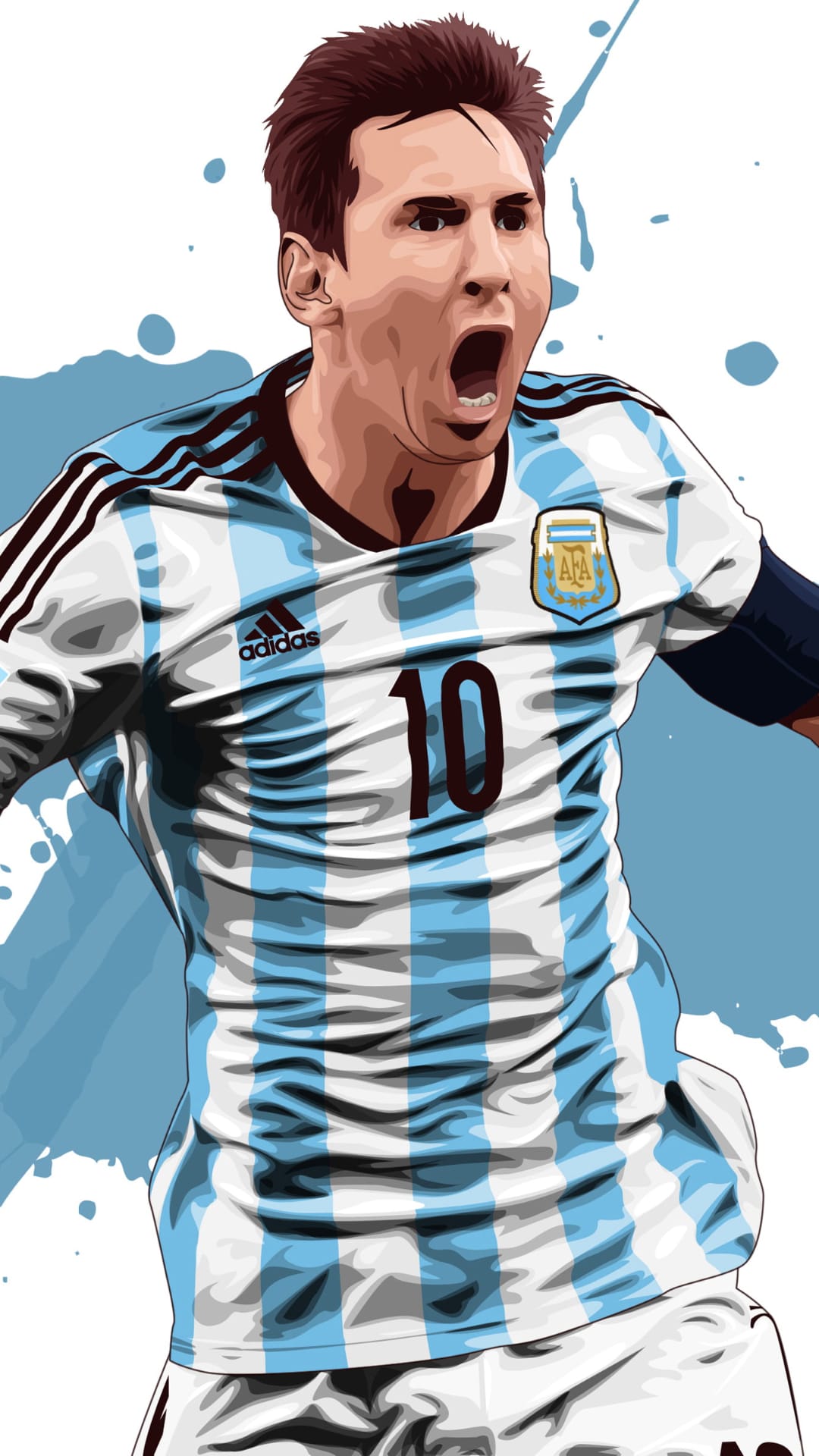 Lionel Messi cheers with arms raised wearing the blue and white Argentina jersey against abstract paint splashes.