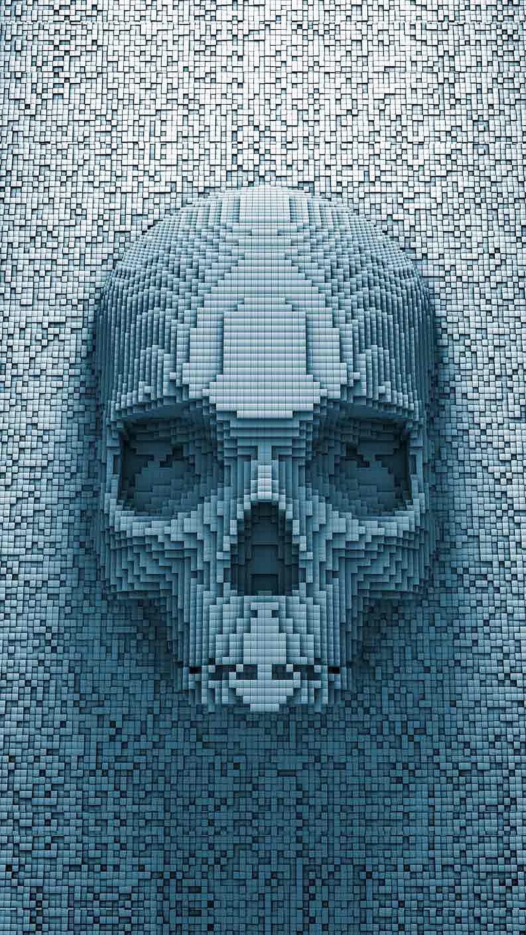 Pixelated skull composed of blue and grey cubes emerging from a textured cubic background with realistic 3D depth.