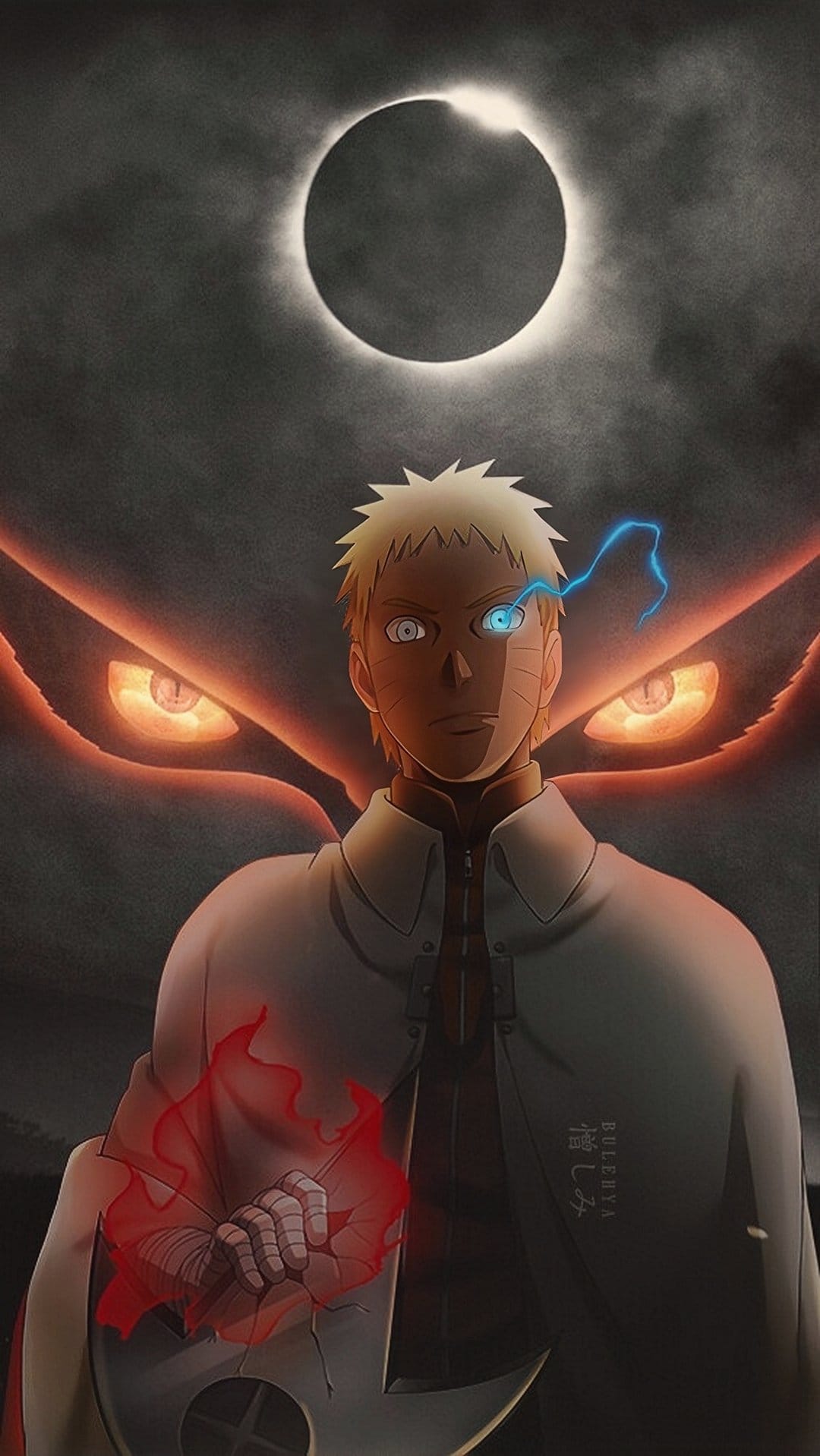 Naruto Uzumaki displays Sage Mode eyes with glowing fox spirits and a solar eclipse backdrop for mobile screens.
