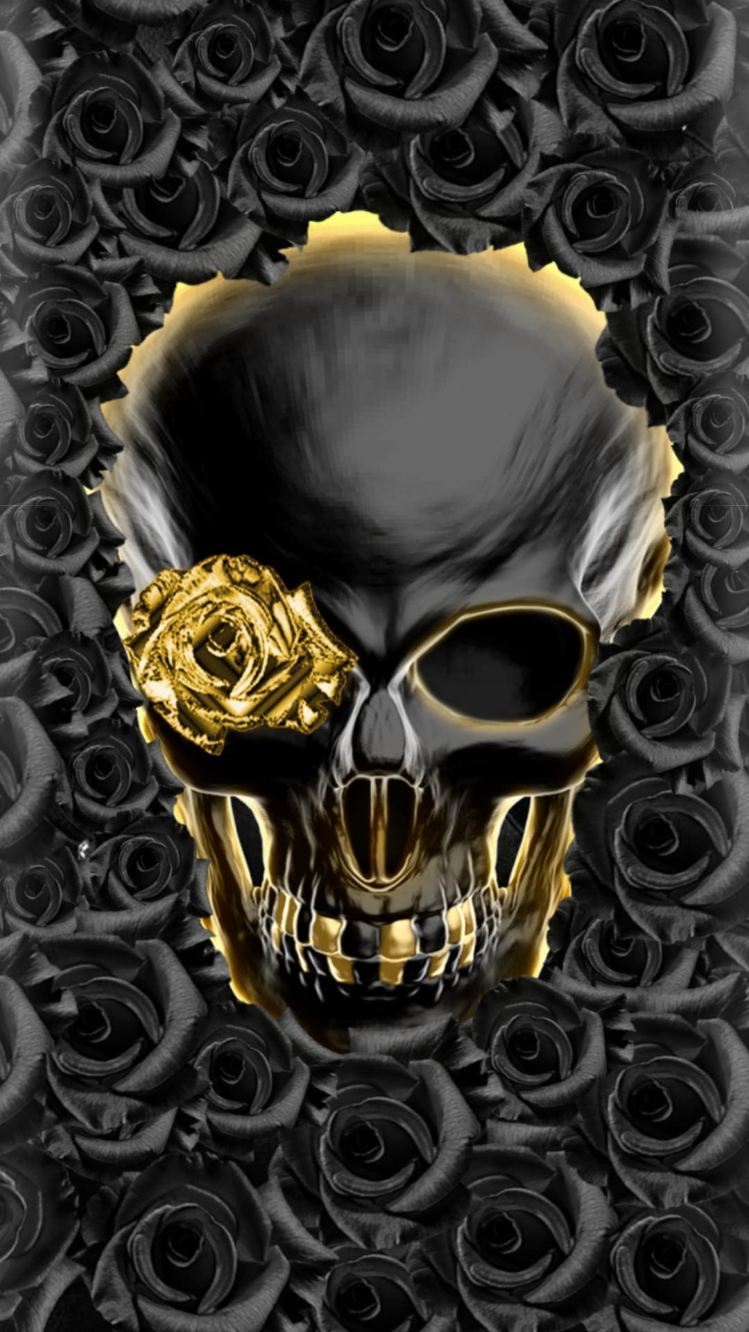 Gothic skull with a metallic gold rose in one eye socket surrounded by dark black roses and petal textures.
