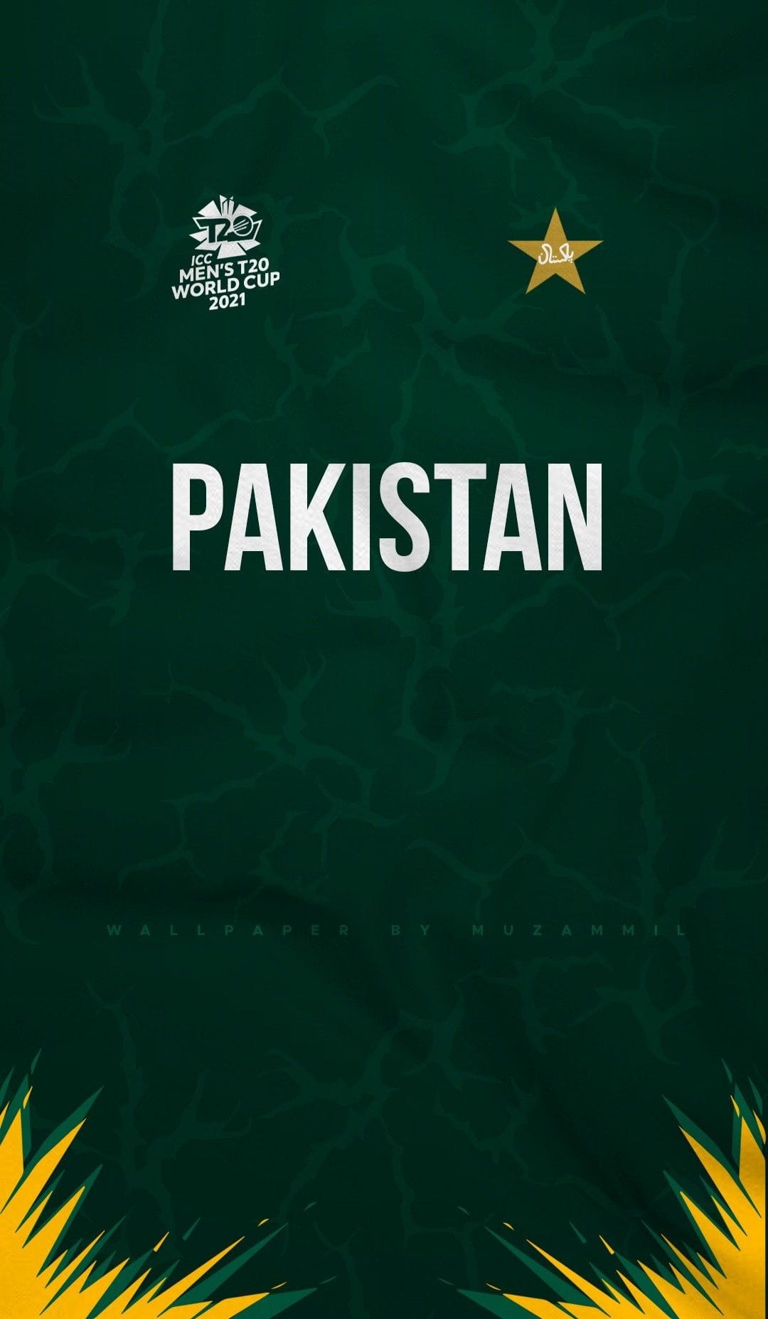 Pakistan text centered on dark green marble with a gold star and jagged yellow accents for mobile screens.