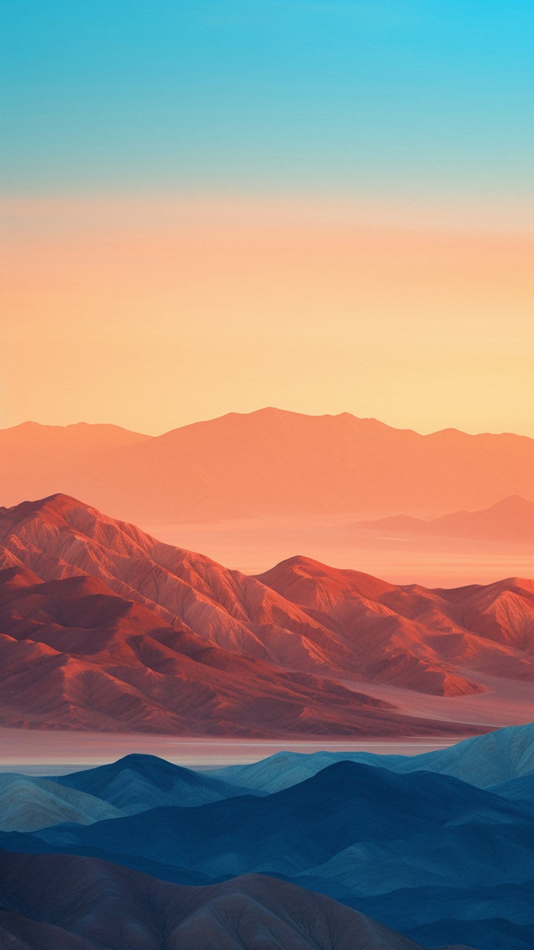 Multi-layered mountain ranges transition from warm orange to deep blue under a soft turquoise sunset sky.