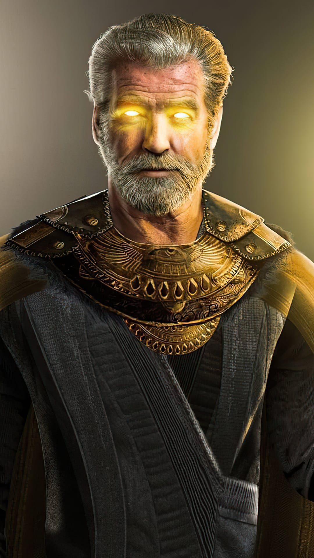 Pierce Brosnan as Zeus with glowing golden eyes, wearing ornate gold armor and dark robes in a close-up portrait.