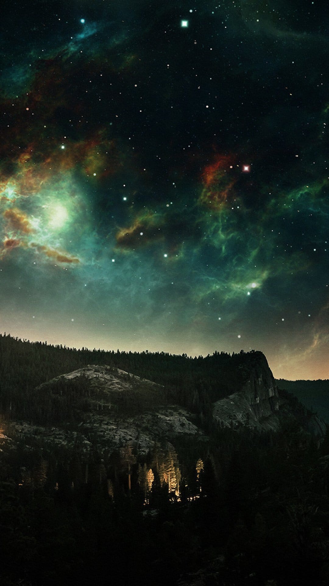 Swirling purple nebulae and stars shine over a dark pine forest with a glowing amber light in the valley center.