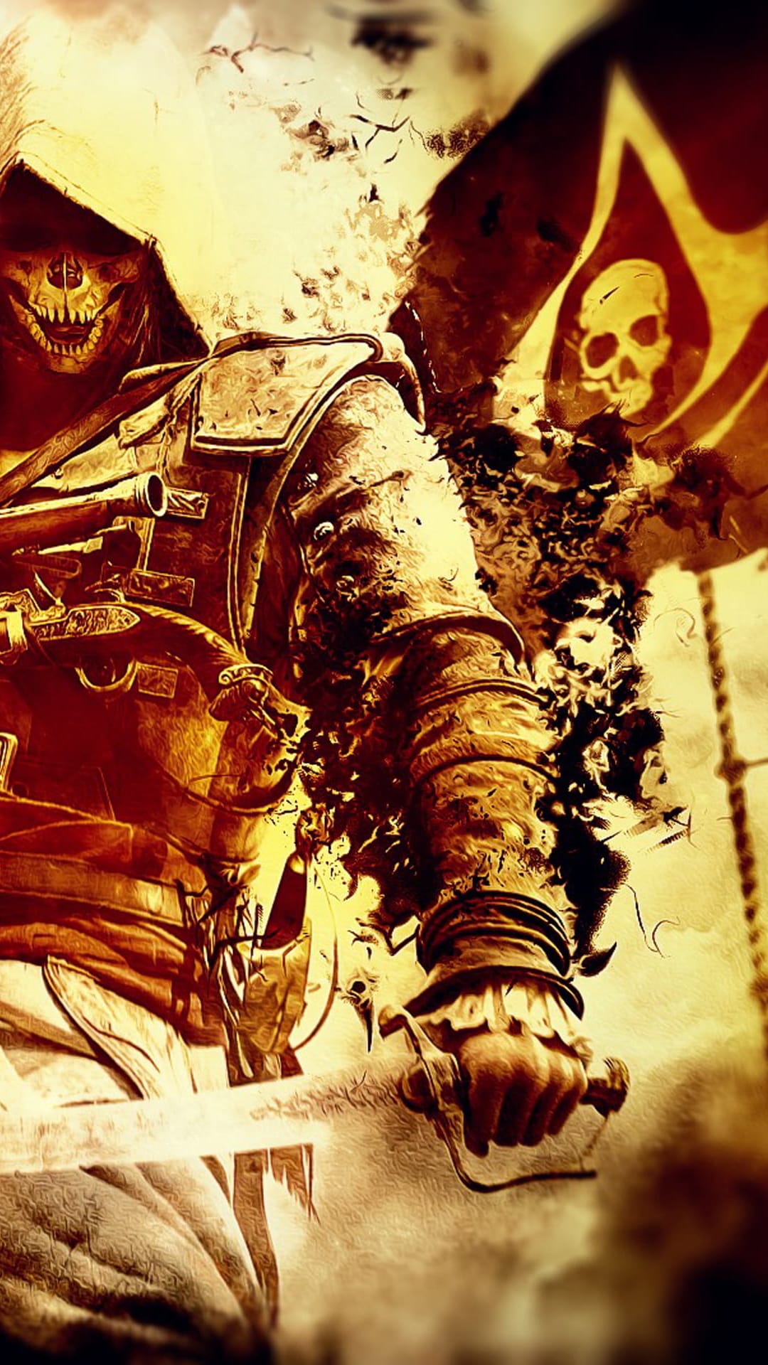 Hooded skeleton pirate holding a sword in front of a tattered skull flag under dramatic lighting effects.