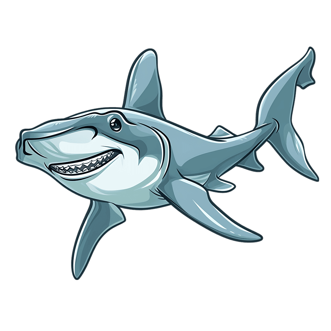 Blue shark character with wide toothy grin, spread pectoral fins, and bold outlines on a transparent background.