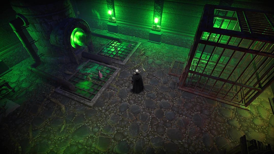 Cloaked character with white hair in a dark dungeon illuminated by glowing green light and stone furnaces.