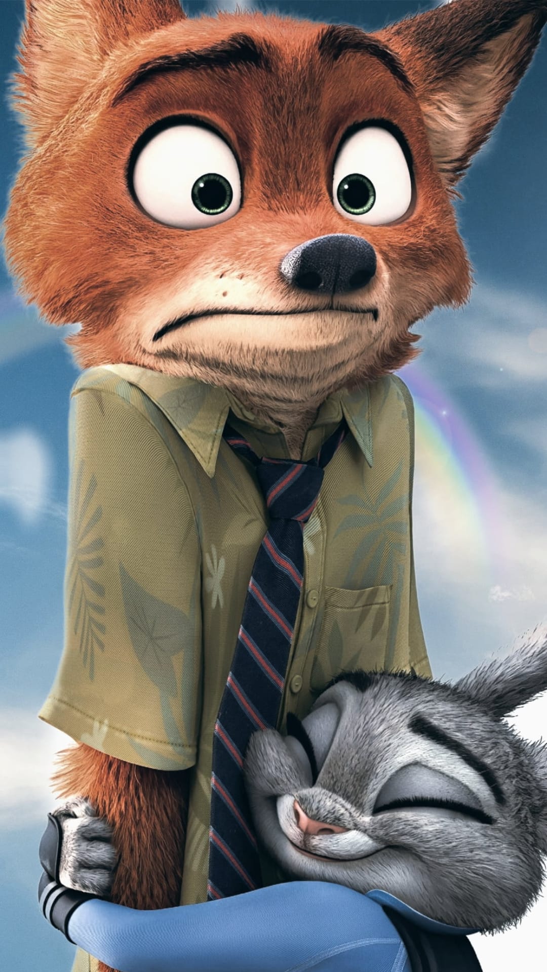 Nick Wilde the fox holds a sleeping Judy Hopps bunny under a vibrant rainbow arc in a clear blue sky background.