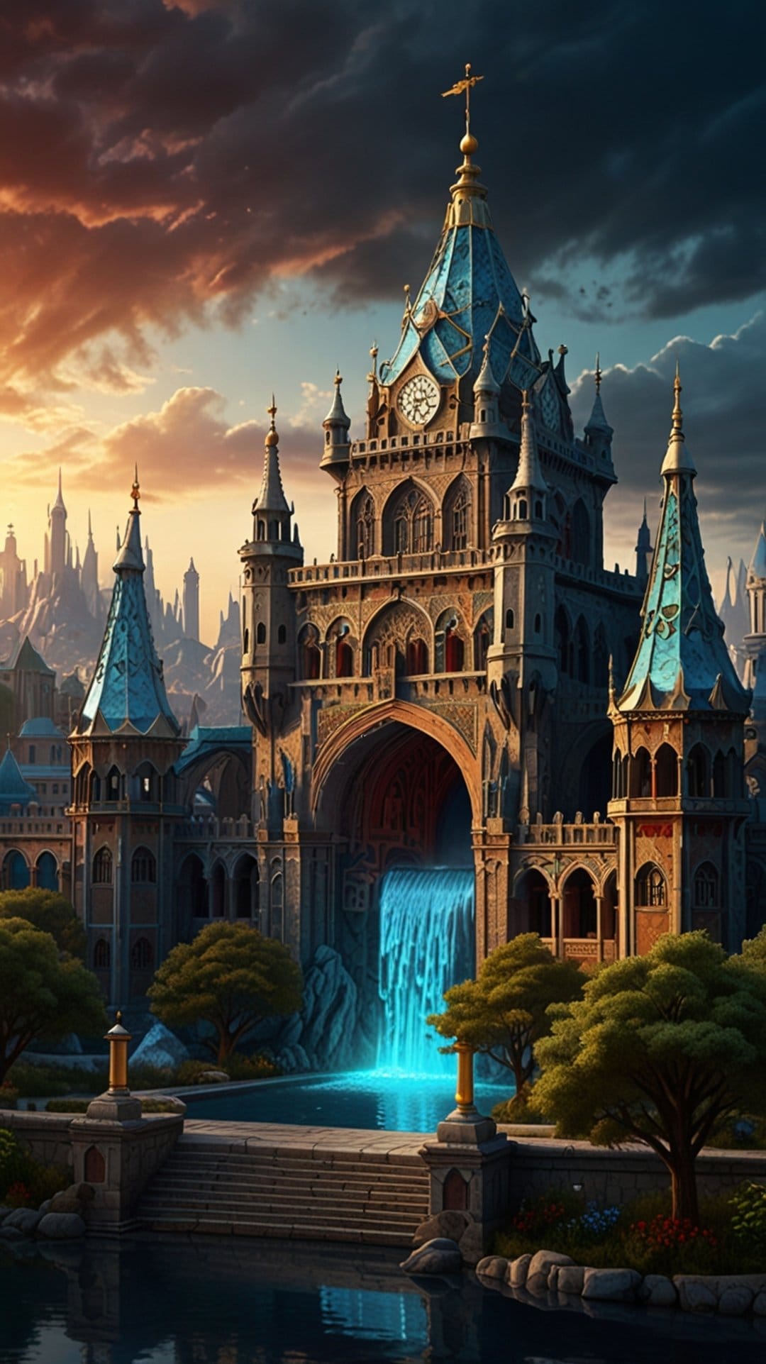 Fantasy castle with blue spires and a glowing waterfall at sunset, surrounded by lush trees and clouds.