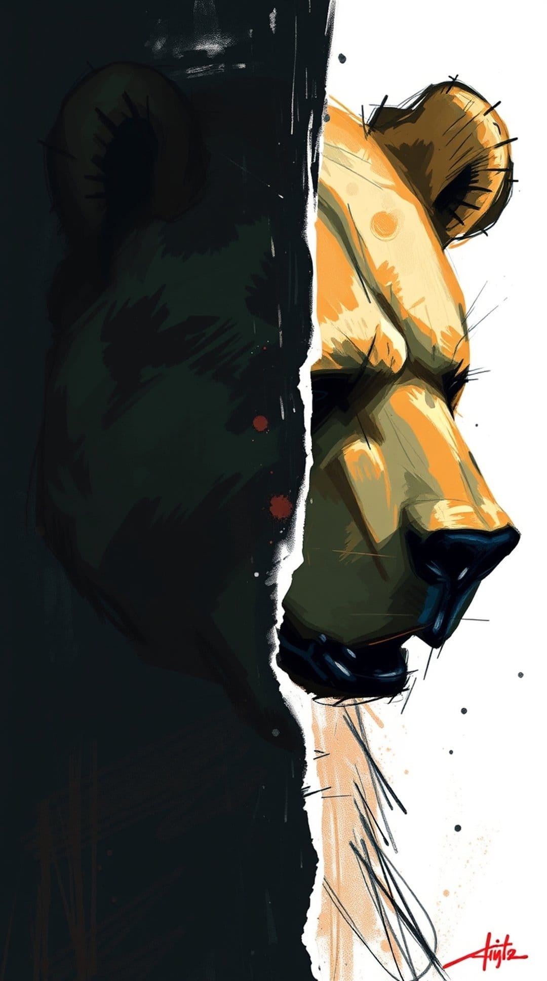 Grizzly bear head with a split face design, featuring one side in shadow and the other in golden brown fur.
