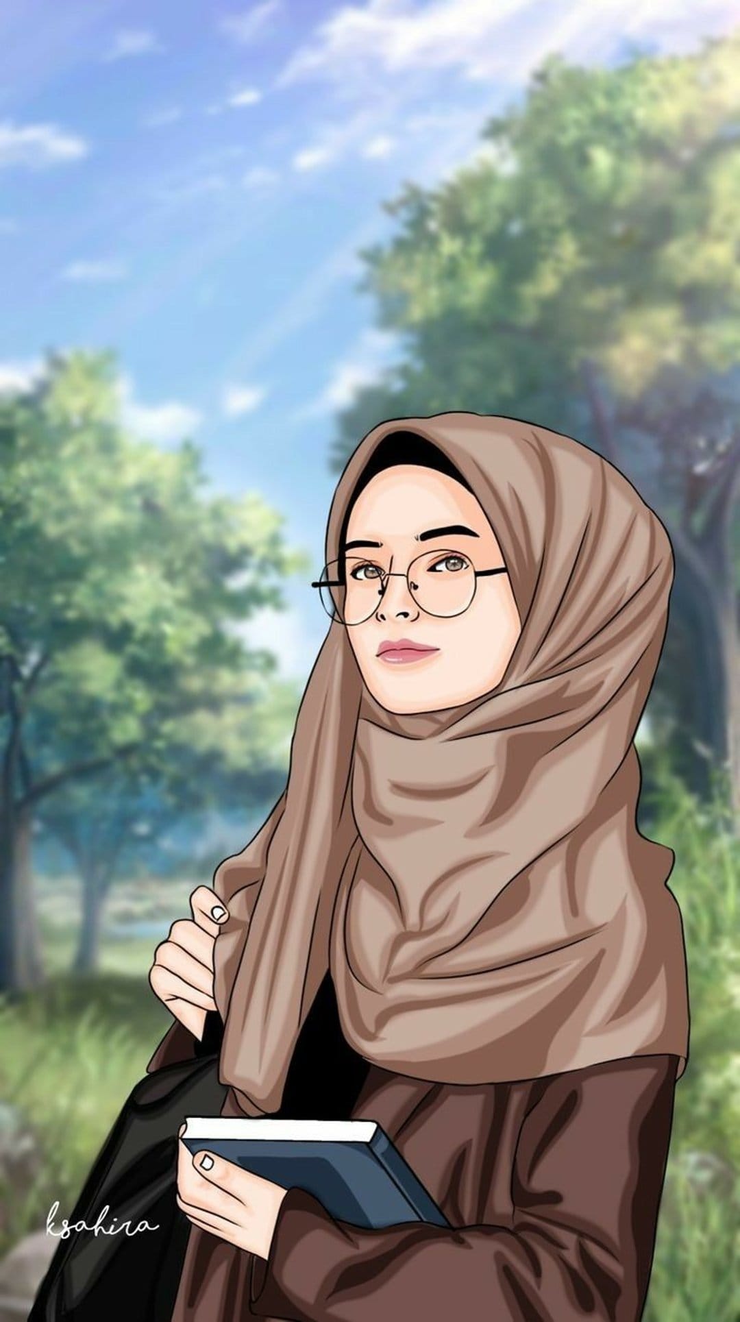 Young woman in a brown hijab and glasses reads a book against a backdrop of green trees and a cloudy blue sky.