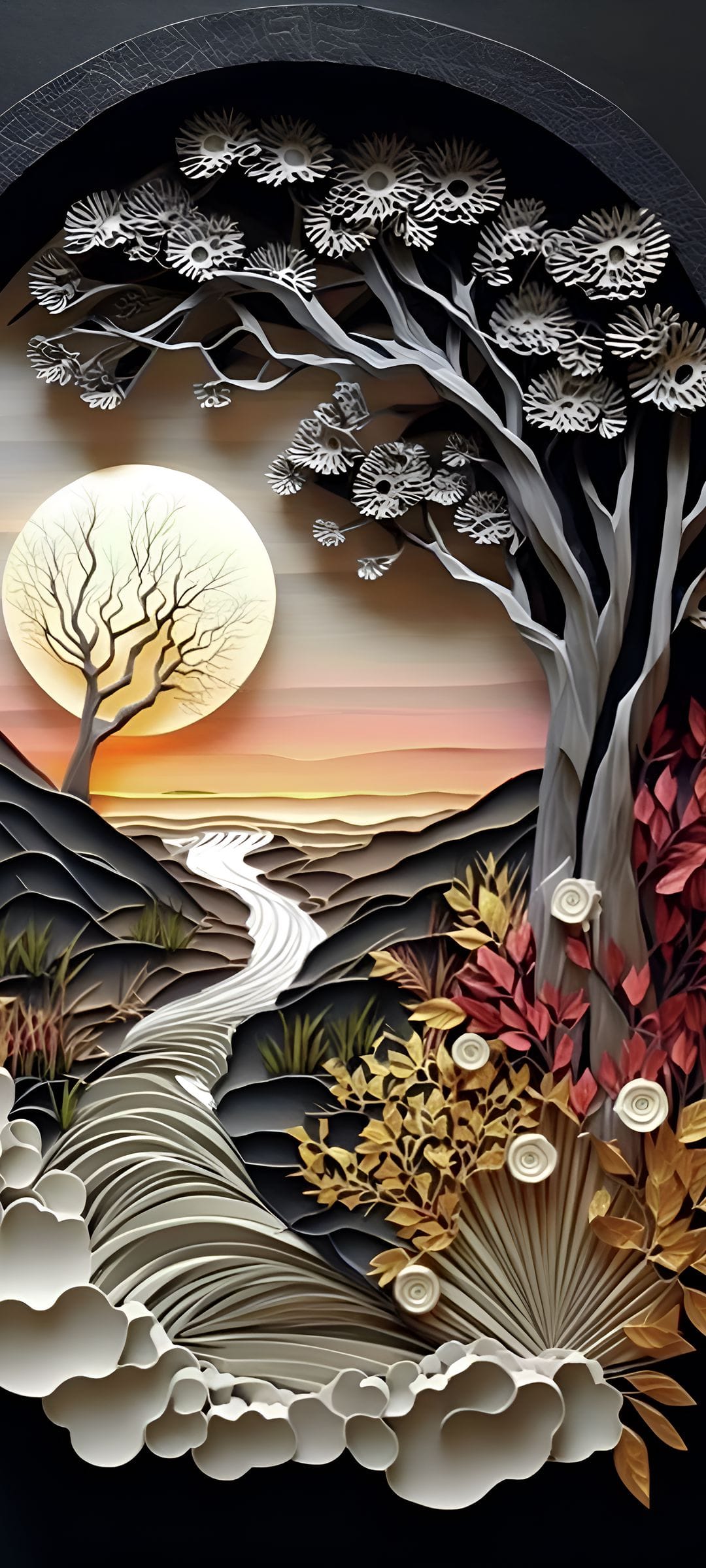 Luminous full moon shines over a silhouetted tree, winding river, and orange autumn leaves in a circular frame.