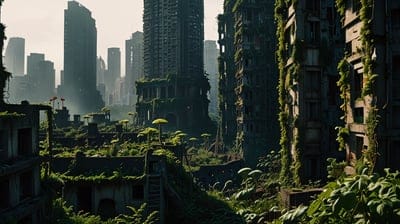 Aftermath,Collapsed,Destroyed,forest,Abandoned City,Scary,Mysterious,Serene,Damaged Buildings,Whimsical,Mystery