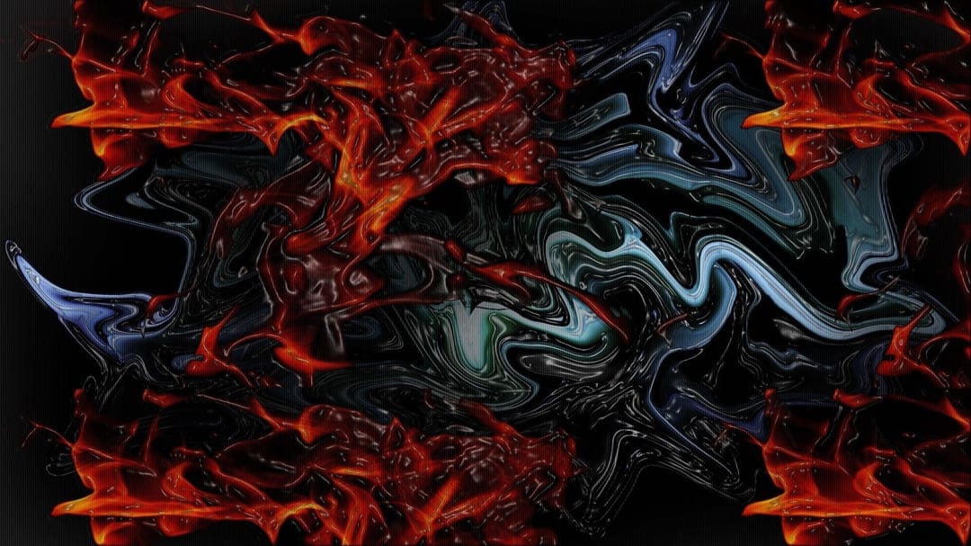 Swirling crimson and orange fluid forms mimic molten lava meeting wisps of dark blue and black smoke.